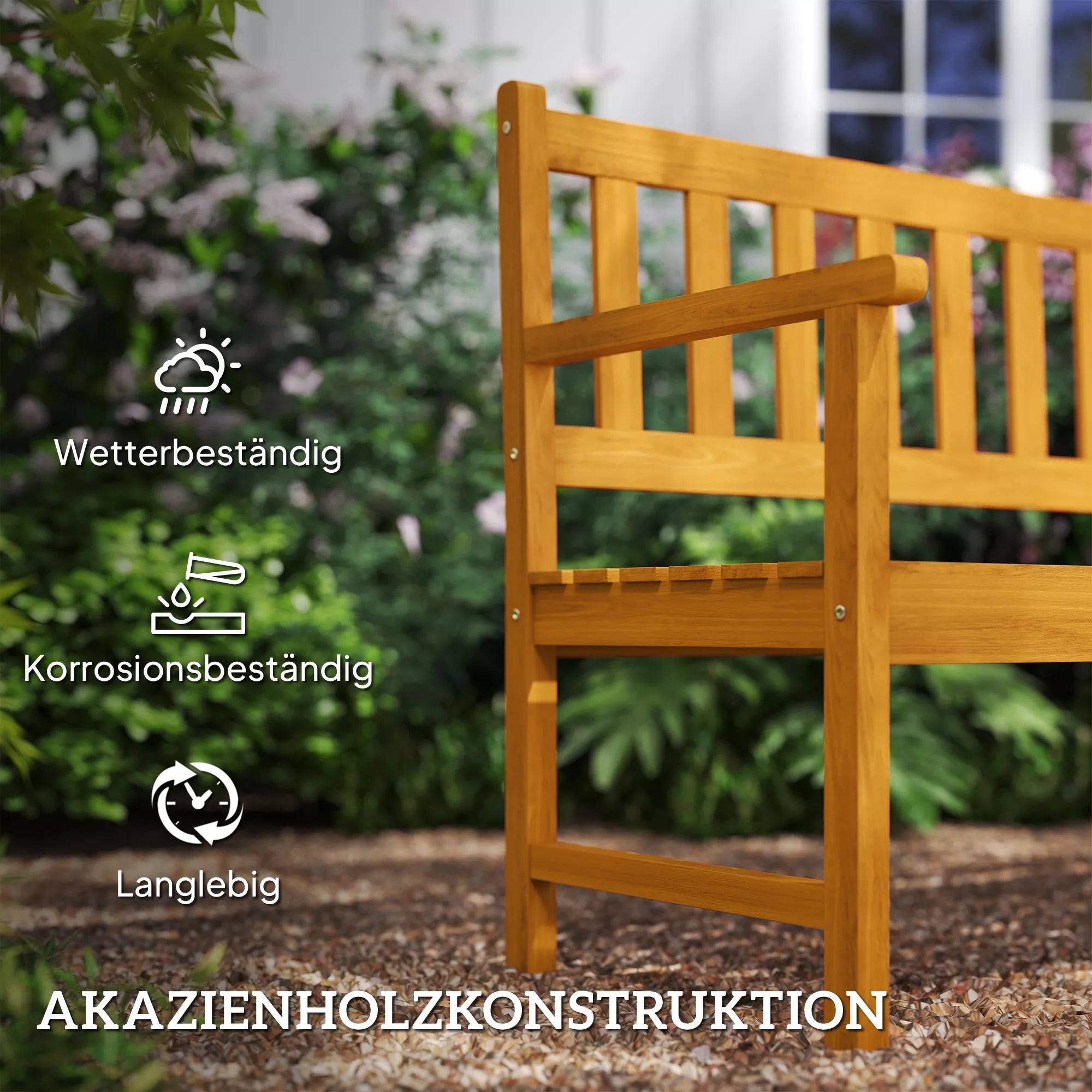 2 vietų sodo suolas iš medžio, atsparus atmosferos poveikiui, su atlošu ir porankiais, 320 kg apkrova, 149x56,5x89 cm, tiko mediena