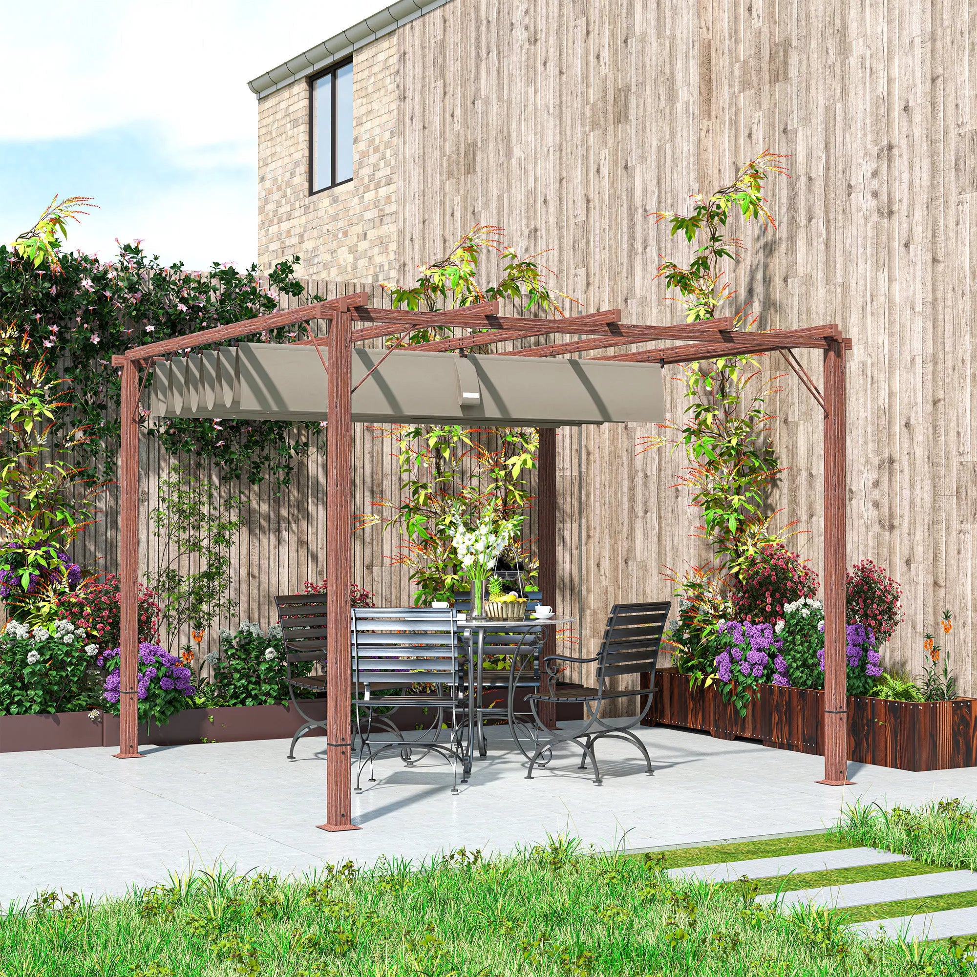 3 x 3 m sodo pergola, reguliuojamas terasos stogas, aliuminio rėmas, UPF30+ apsauga nuo saulės, natūralus medis