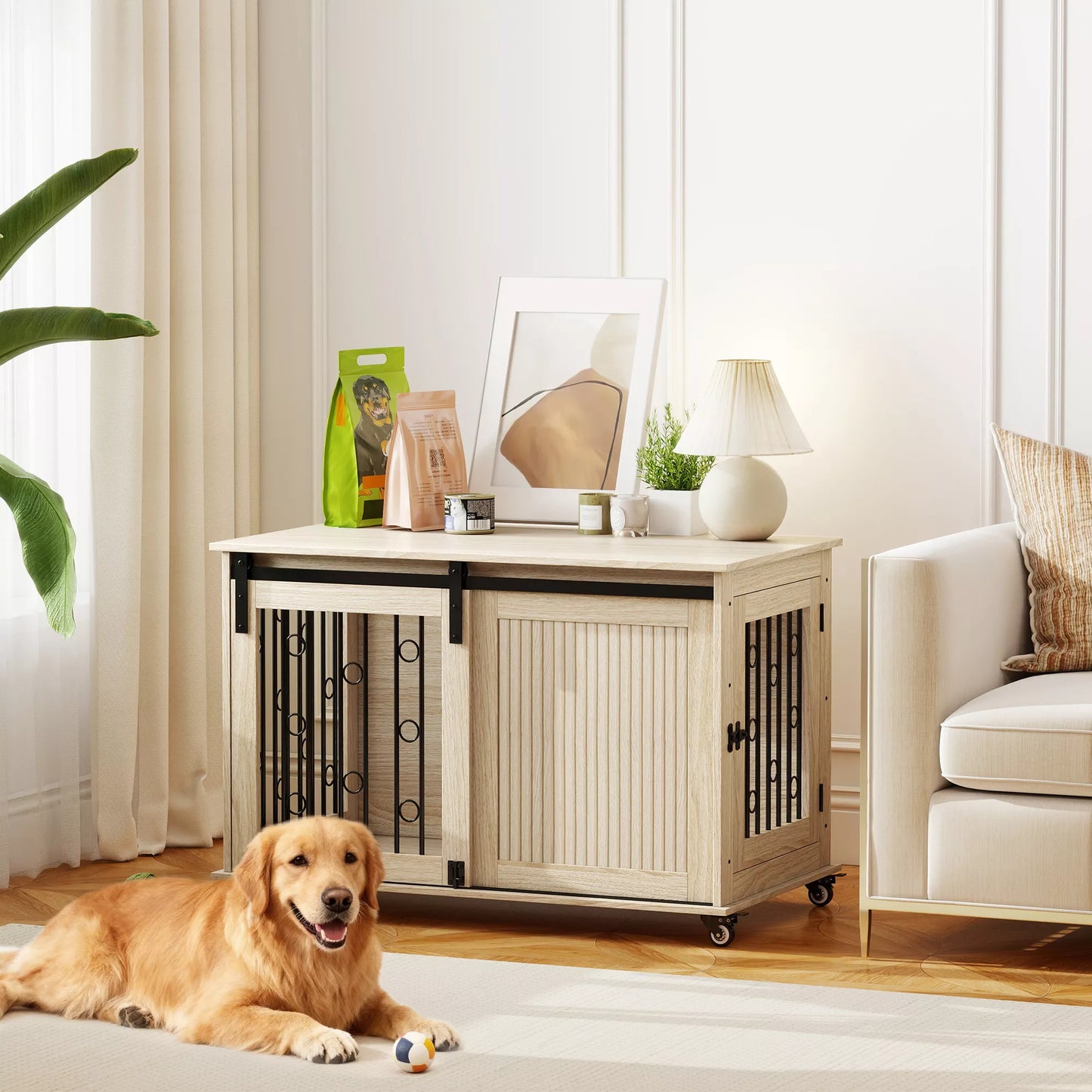 Šunų dėžė su ratukais, stumdomos durys, 100 x 56 x 65 cm, mediena, plienas