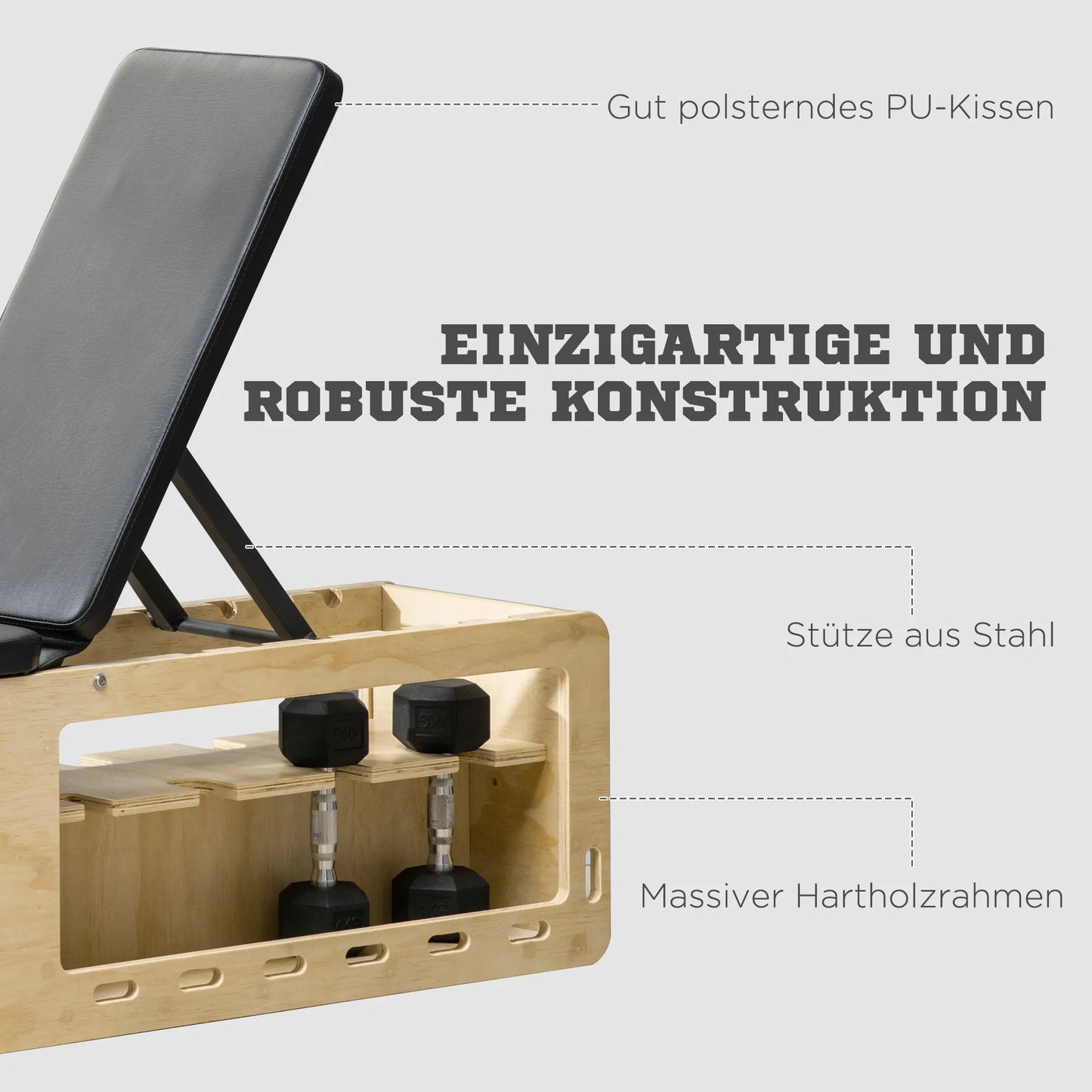 Treniruočių suolas su hantelių atrama, 1 laikymo krepšys, reguliuojamas 6 padėtimis, masyvmedis, natūrali + juoda spalva