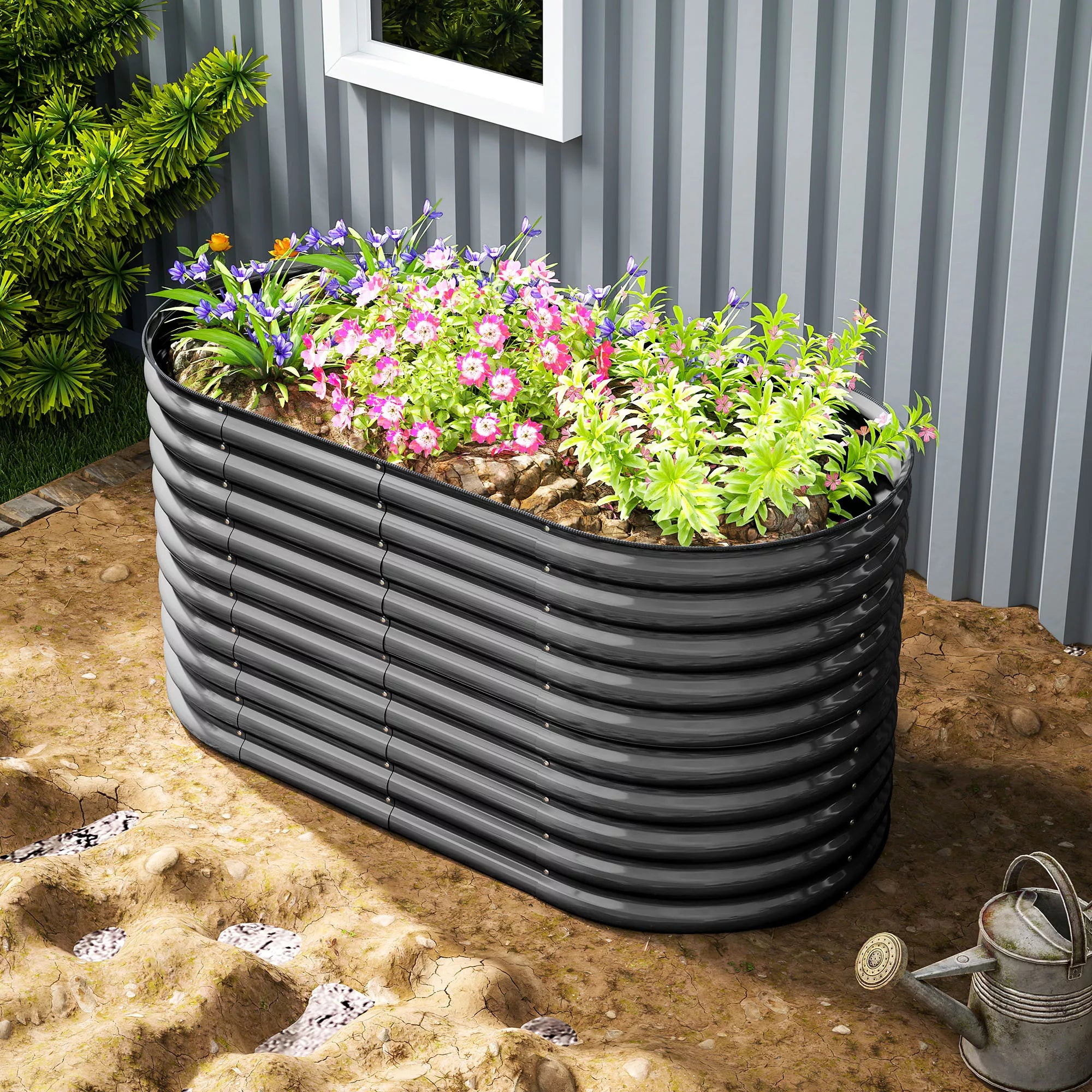 Gėlių vazonas, metalinis gėlių vazonas su apsauginiu kraštu ir rankovėmis, atviru dugnu, 160B x 80T x 80H cm, tamsiai pilkos spalvos