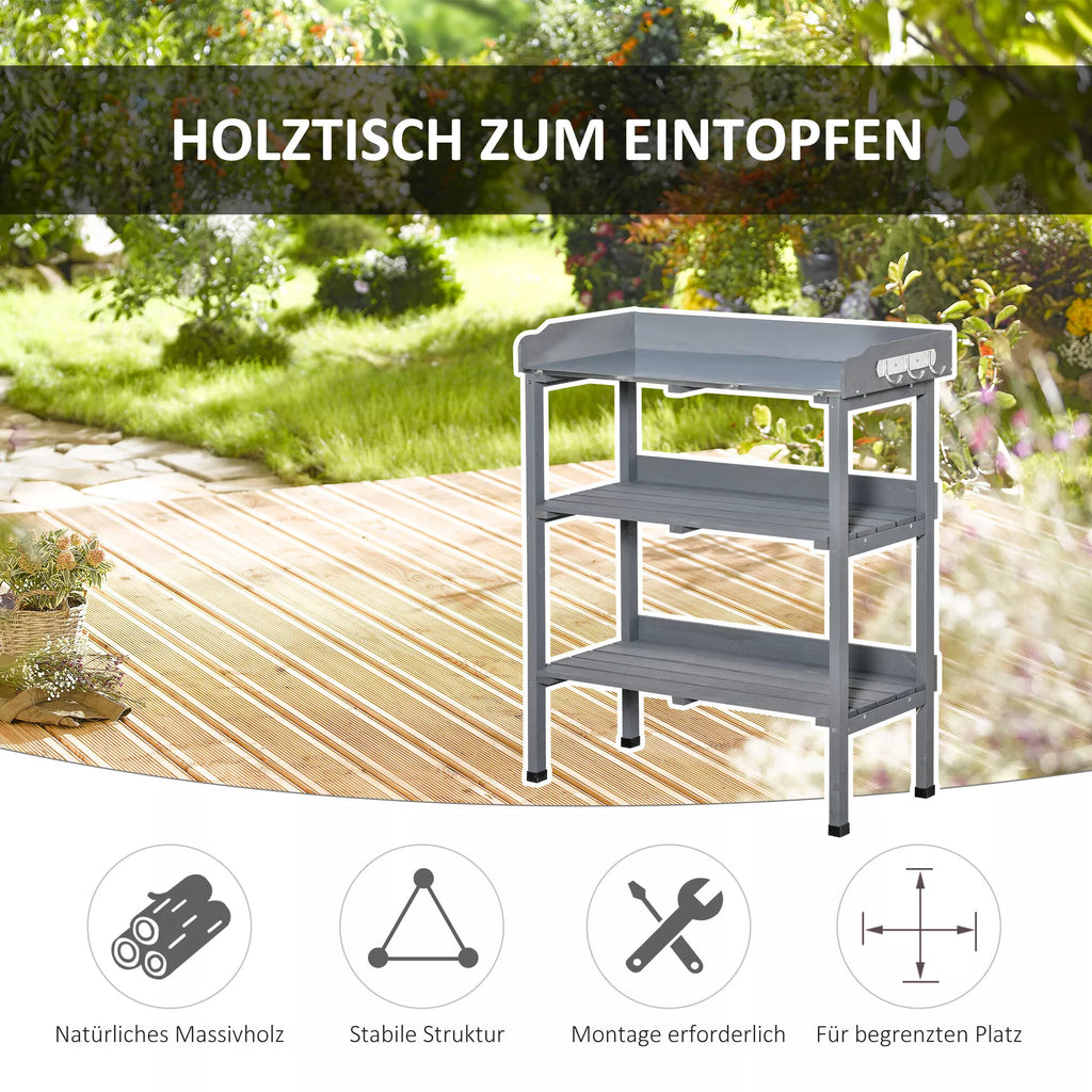 Augalų stalas Sodininkystės stalas Gėlių stalas su metaliniu darbo paviršiumi Sodas Medis Pilkas 76 x 37 x 89 cm
