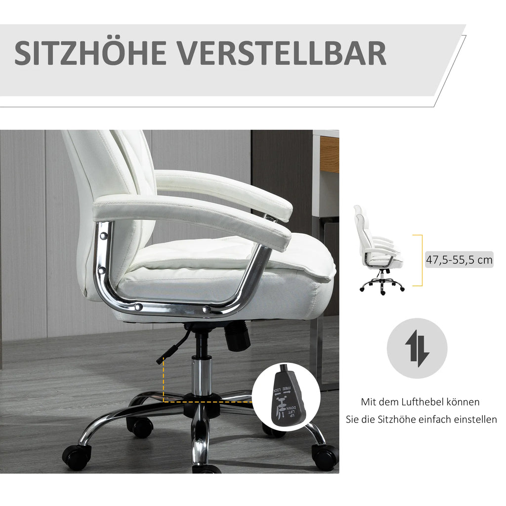 Biuro kėdė, ergonomiška rašomojo stalo kėdė, aukščio reguliavimo pasukama kėdė su svyravimo funkcija, rombų raštas, dirbtinė oda, paminkštinta vadovo kėdė, balta