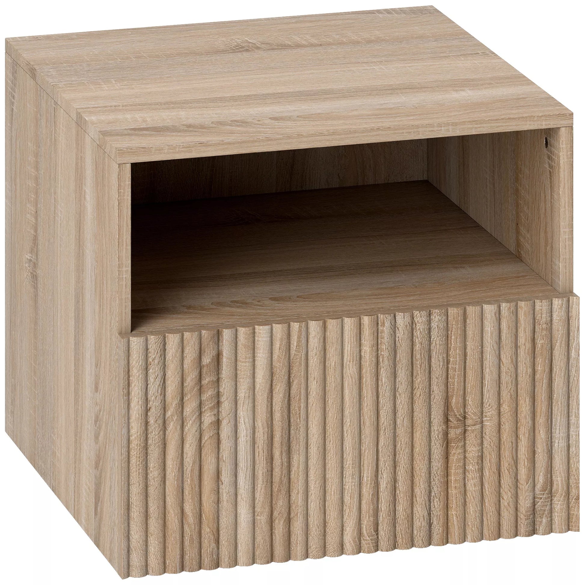 Naktinis staliukas, be rankenėlių dizainas, atvira dėžutė, stalčius, montuojamas prie sienos, šviesiai rudos spalvos