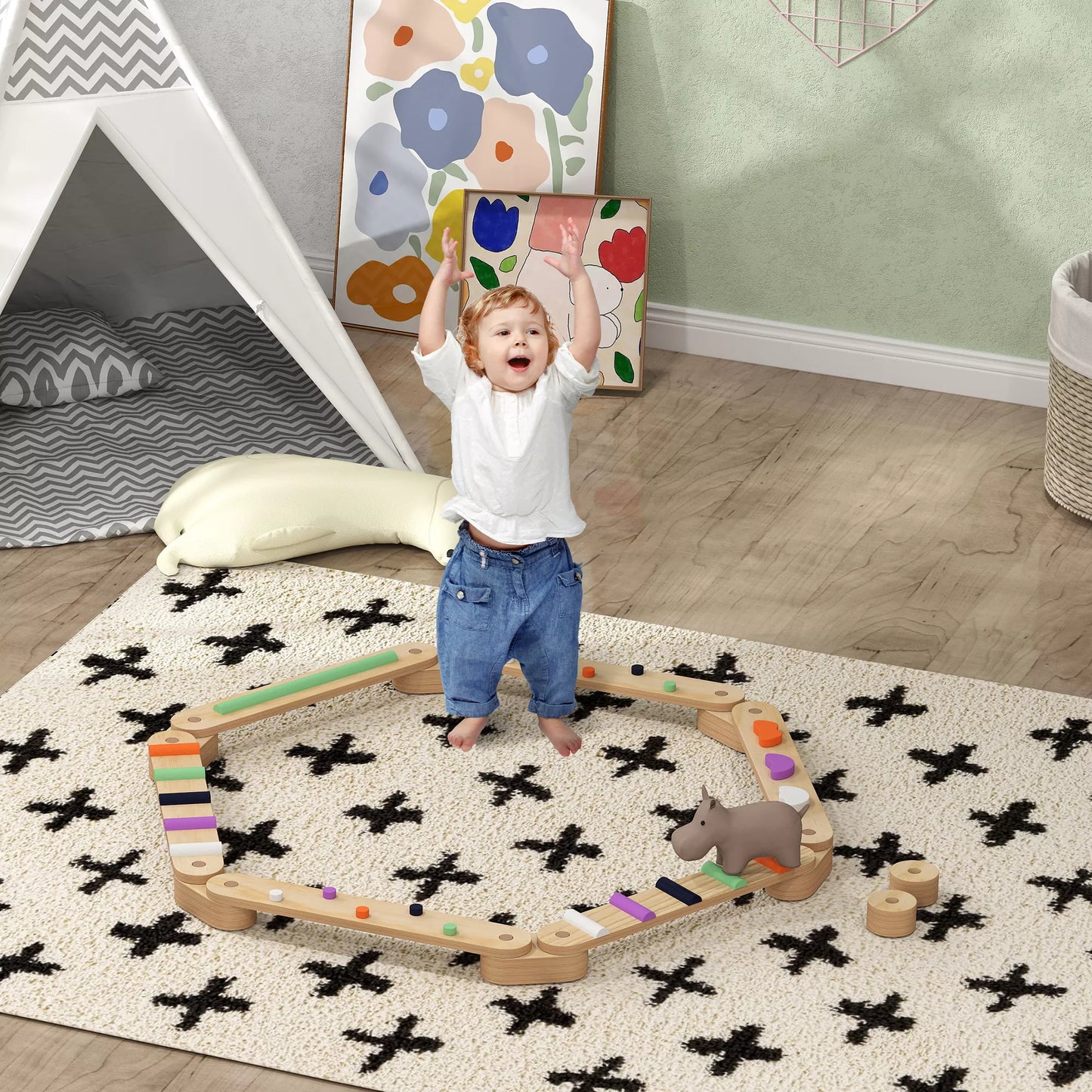 Medinis balansinis takelis vaikams, skirtas 3–8 metų vaikams, dvipusės balanso lentos žaismingai koordinacijai lavinti