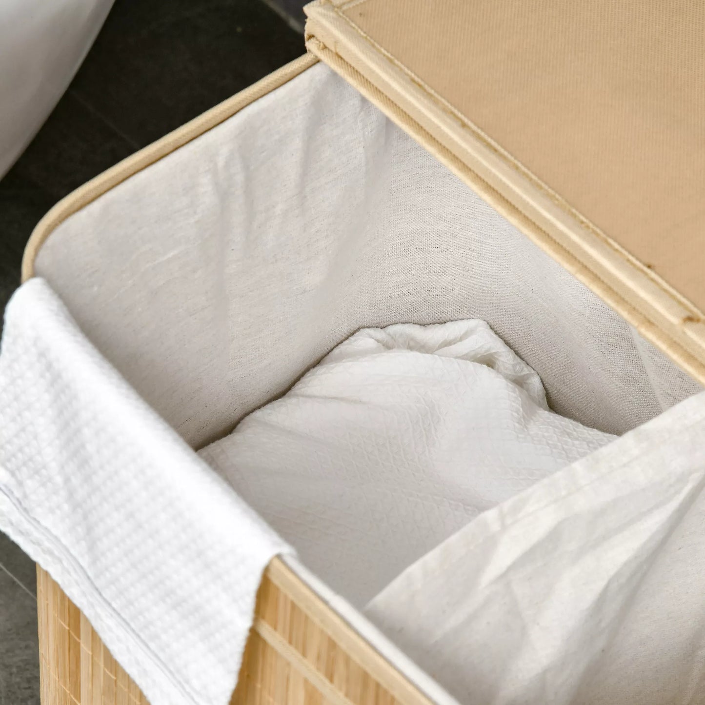 Sulankstomas bambukinis skalbinių krepšys, patogus 90 L skalbinių konteineris su išimamu vidiniu maišeliu ir dangčiu