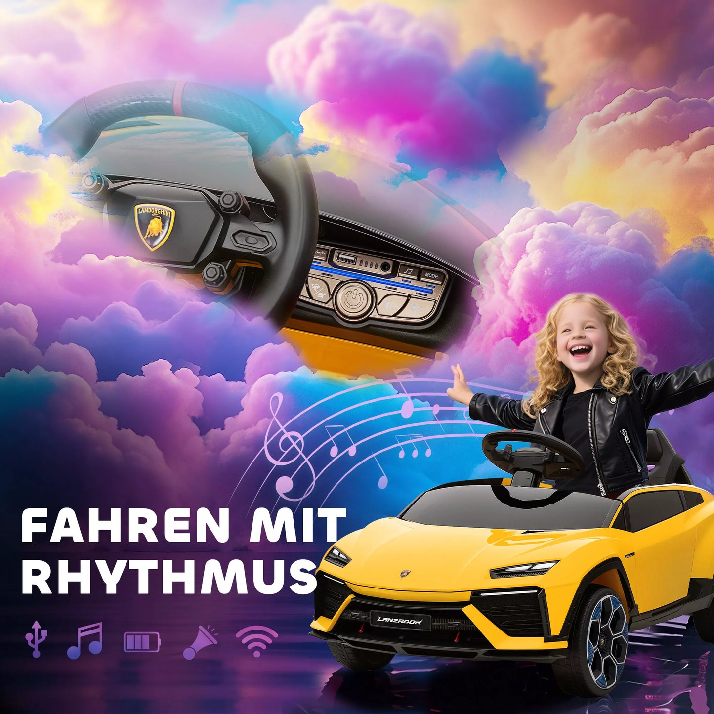 Elektrinis automobilis vaikams 12V, automobilis vaikams su 2,4 GHz nuotolinio valdymo pulteliu, 2 varikliai, garsinis signalas, LED lemputės, muzika, 101,5 x 49 x 43 cm, geltonas