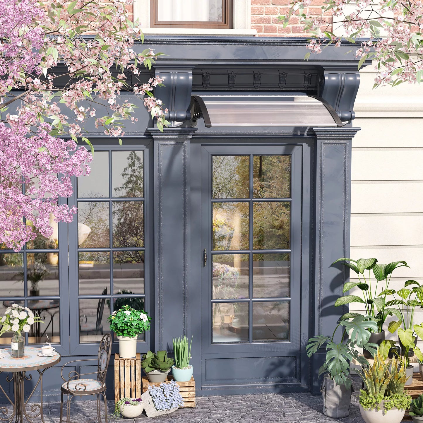 Stogelis prieškambario durims/langui, atsparus oro sąlygoms, skaidrus, aliuminis/polikarbonatas, 103x96,5x27cm, juodas