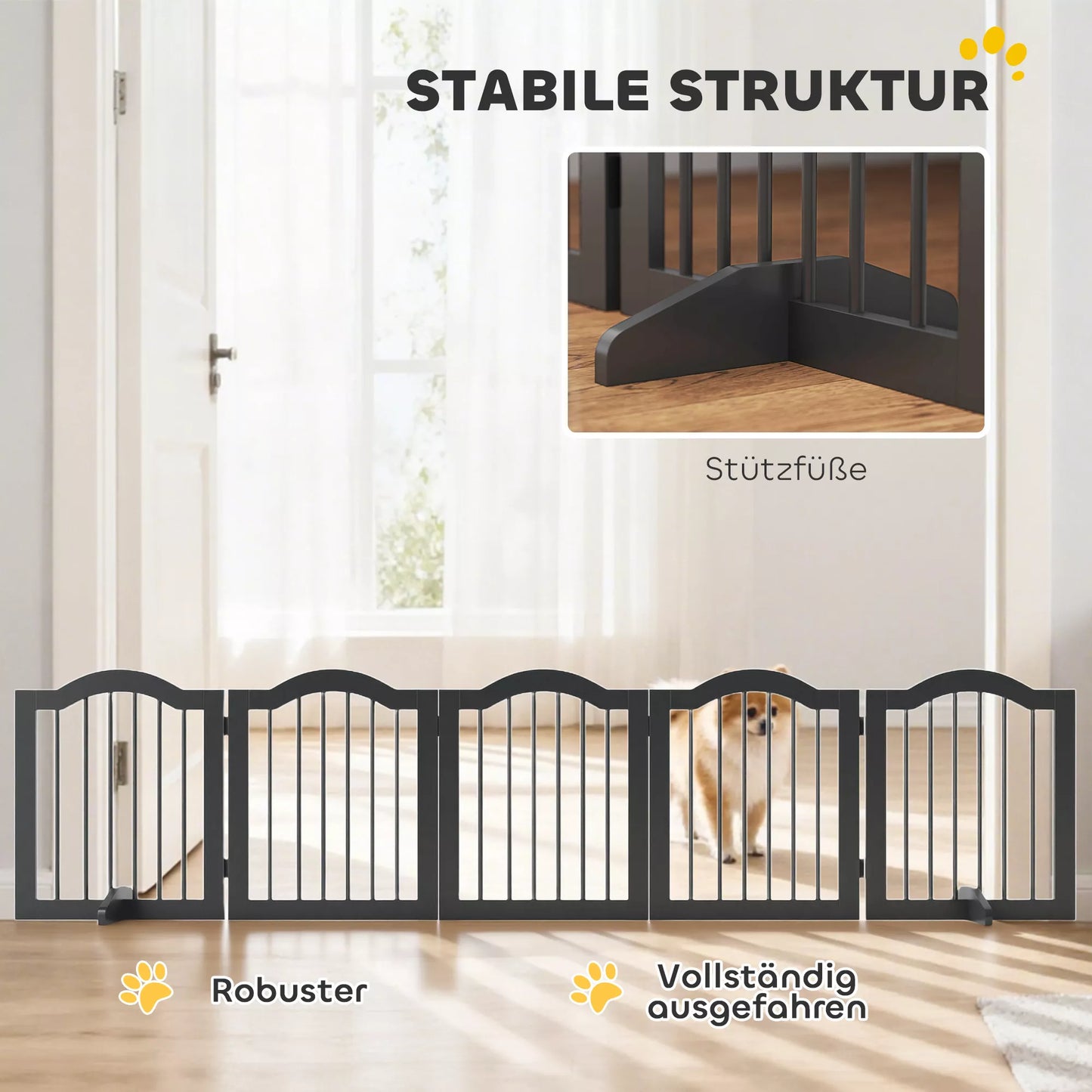 Apsauginė tvora šunims Laisvai stovinti apsauginė tvora su kojomis, sulankstoma tvora šunims, 5 panelės, 261,5 x 29,5 x 61 cm, juoda