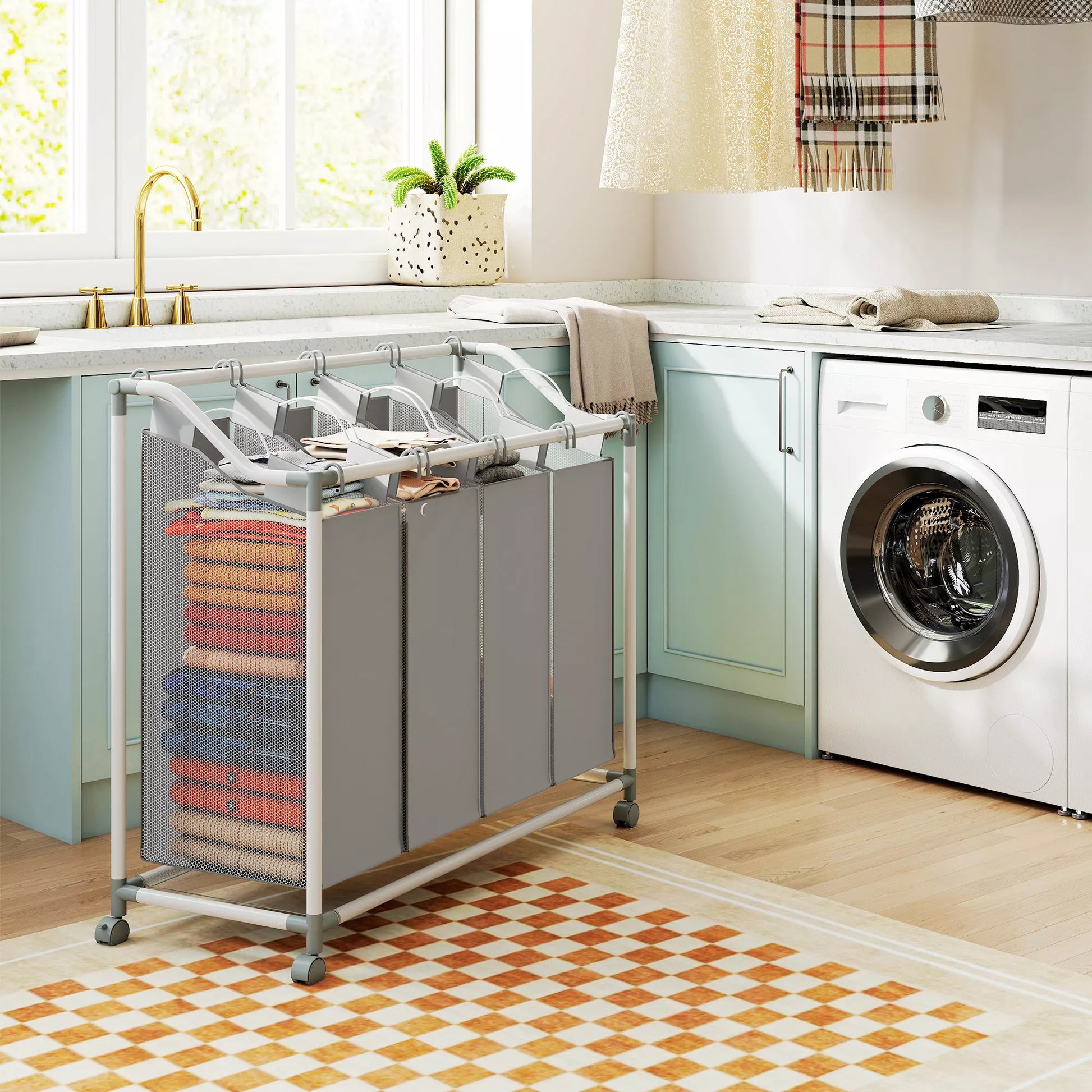 Skalbiarnių krepšys su 4 skyriais 160 L, surinktuvas su ratukais, išimama skalbinių talpykla, 97 x 38 x 81 cm, pilkos spalvos.