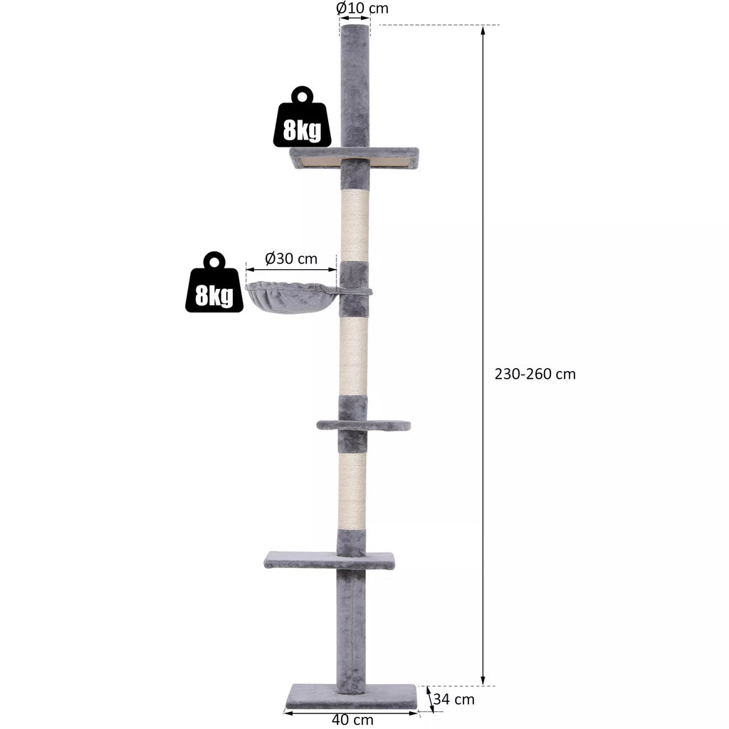 Kratzbaum Lubų aukščio reguliuojamas, stabilus kačių medis su sizalio kolonomis, kačių laipiojimo medis, pilkos spalvos, 40 x 34 x 230-260 cm