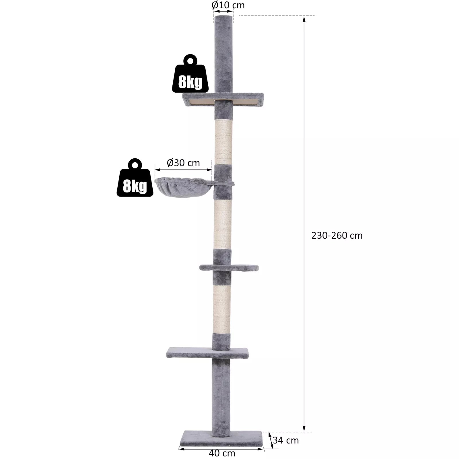 Kratzbaum Lubų aukščio reguliuojamas, stabilus kačių medis su sizalio kolonomis, kačių laipiojimo medis, pilkos spalvos, 40 x 34 x 230-260 cm