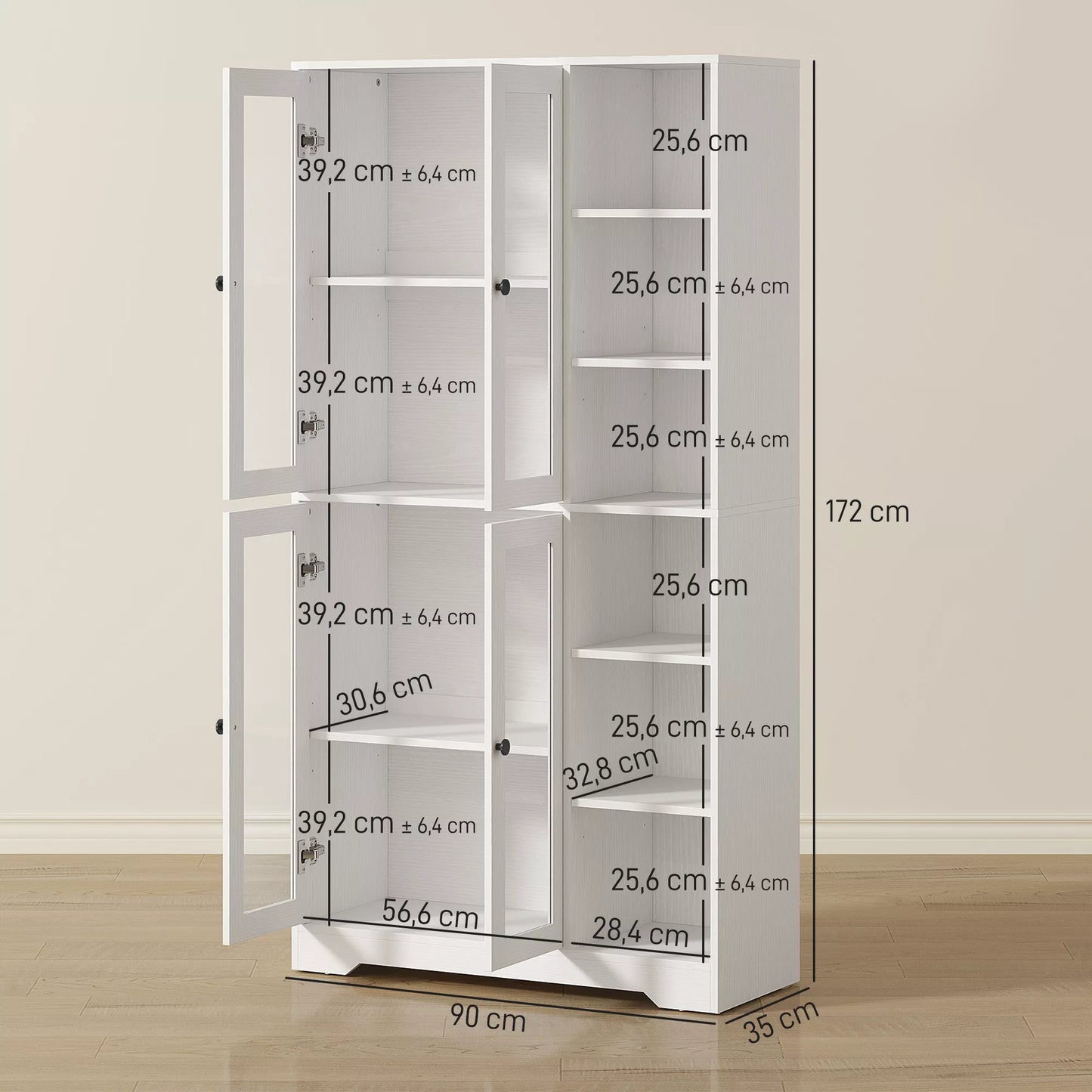 Virtuvės spintelė su stiklinėmis durelėmis, lentynos, atviros lentynos, 172 cm aukščio, MDF, balta