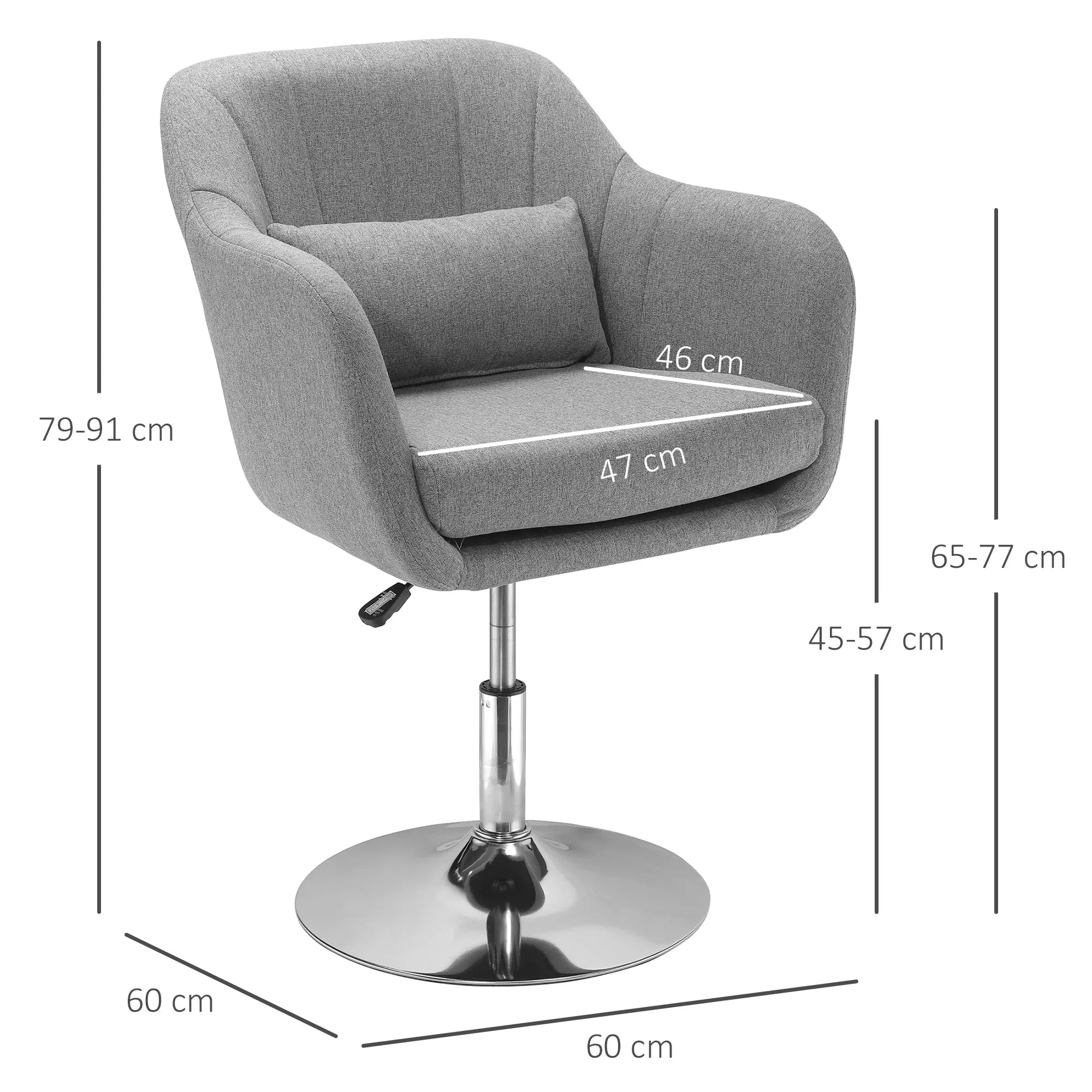 Pilko krėslo matmenų schema: 79–91 cm aukštis, 60 cm pagrindas, 47 cm sėdynė