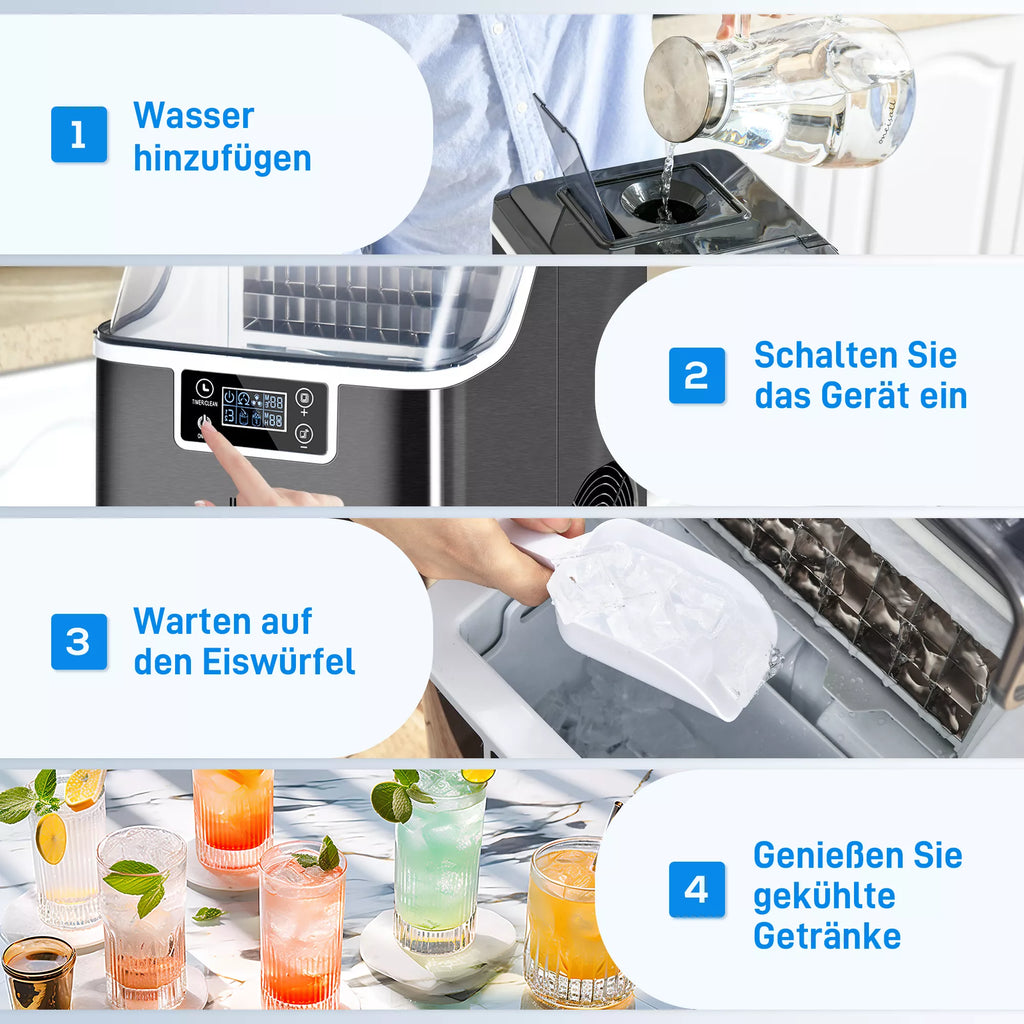 Ledo kubelių gaminimo aparatas Ledo kubelių dozatorius Ice-Maker 20 kg/24 val. 2,3 l ledo kubelių gaminimo aparatas su 3,2 l vandens rezervuaru, juodos spalvos
