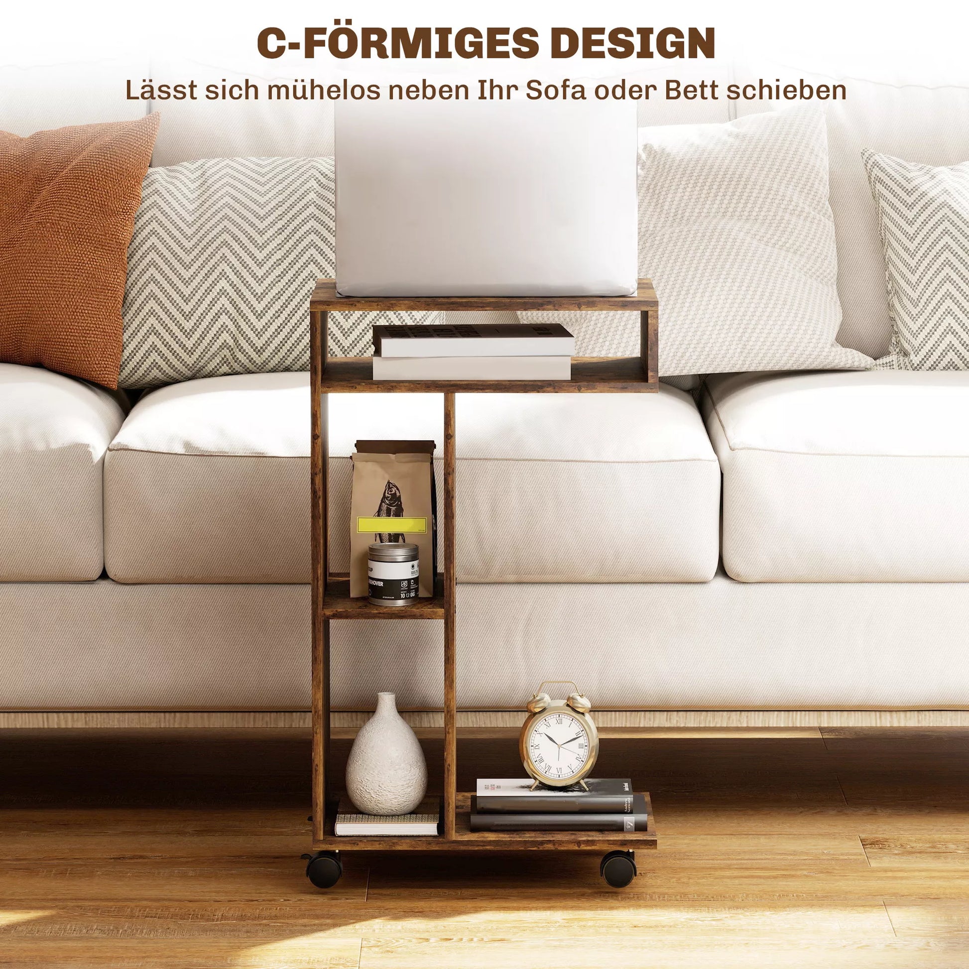 Stalinis staliukas, C formos serviravimo vežimėlis, 4 ratukai, 3 lentynos, 40 x 30 x 69 cm, Rusty-Brown