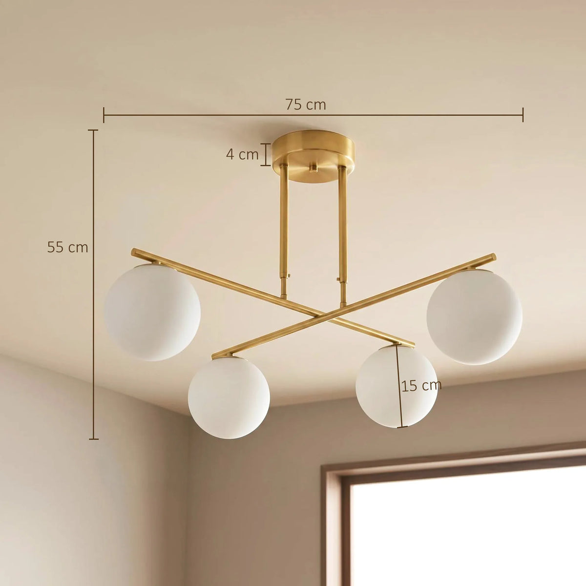 Šviestuvo matmenų schema: 75 cm plotis, 55 cm aukštis, 15 cm gaubto skersmuo