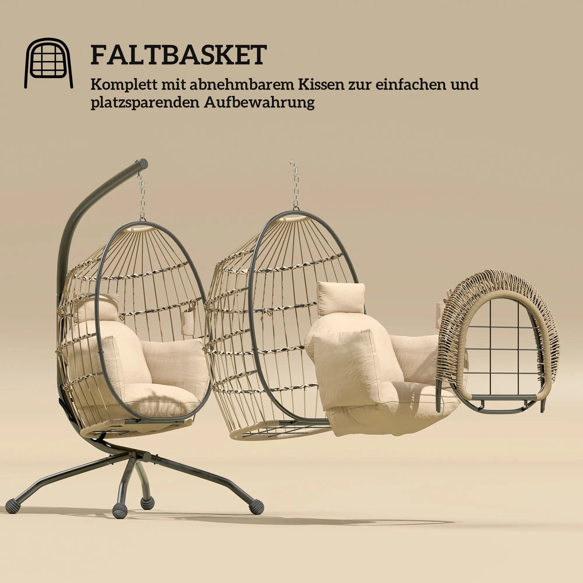 Kabanti lauko supynė su sulankstoma pintine sėdyne ir storomis pagalvėlėmis, stovu, galvos atrama, puodelių laikikliu, chaki spalvos