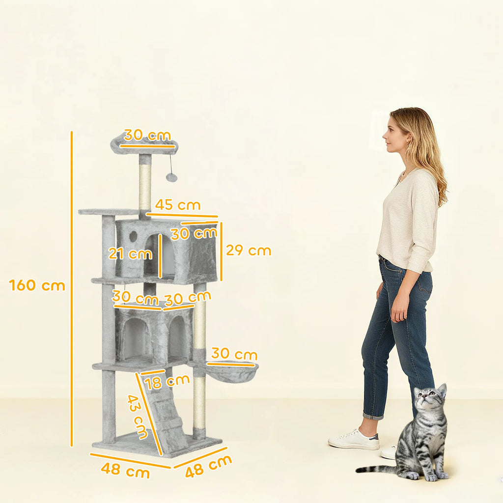 Kačių draskyklė 160 cm su nameliais ir hamaku, šviesiai pilka