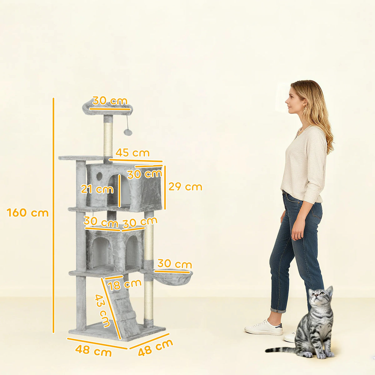 Kačių draskyklė 160 cm su nameliais ir hamaku, šviesiai pilka