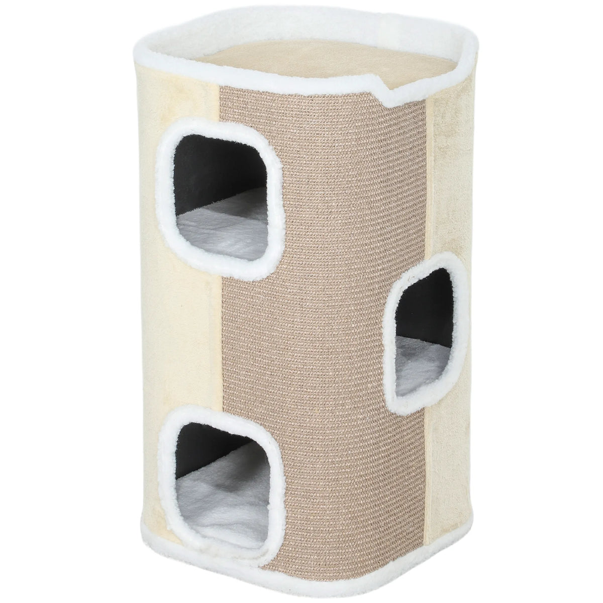 Kačių draskyklė-namelis, 3 aukštų, su draskykle, smėlio spalvos