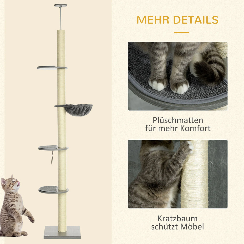 Kačių draskyklė su lubų įtempikliu, 230-250 cm, pilka ir kreminė