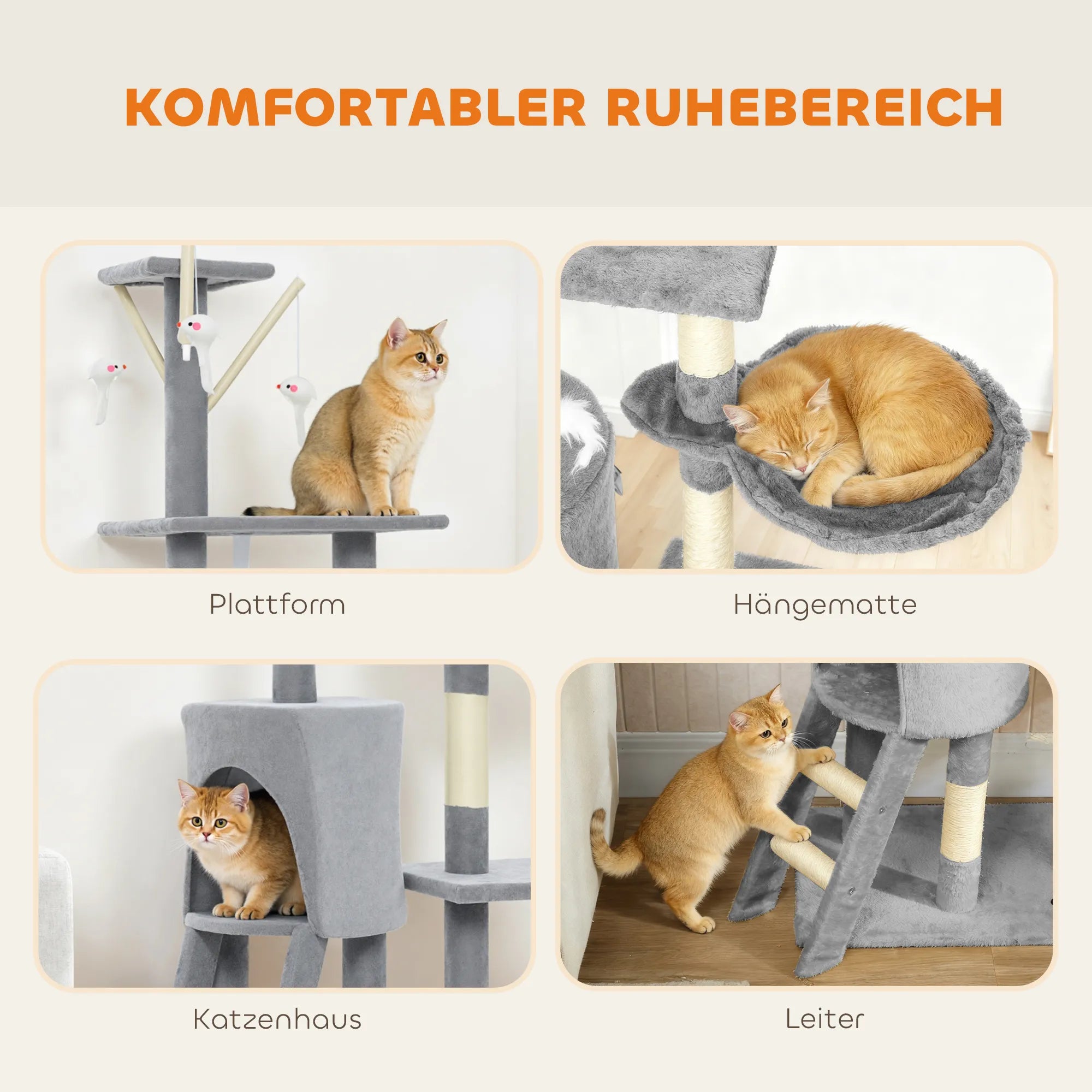 Kačių draskyklė su nameliu, 134 cm, pilka