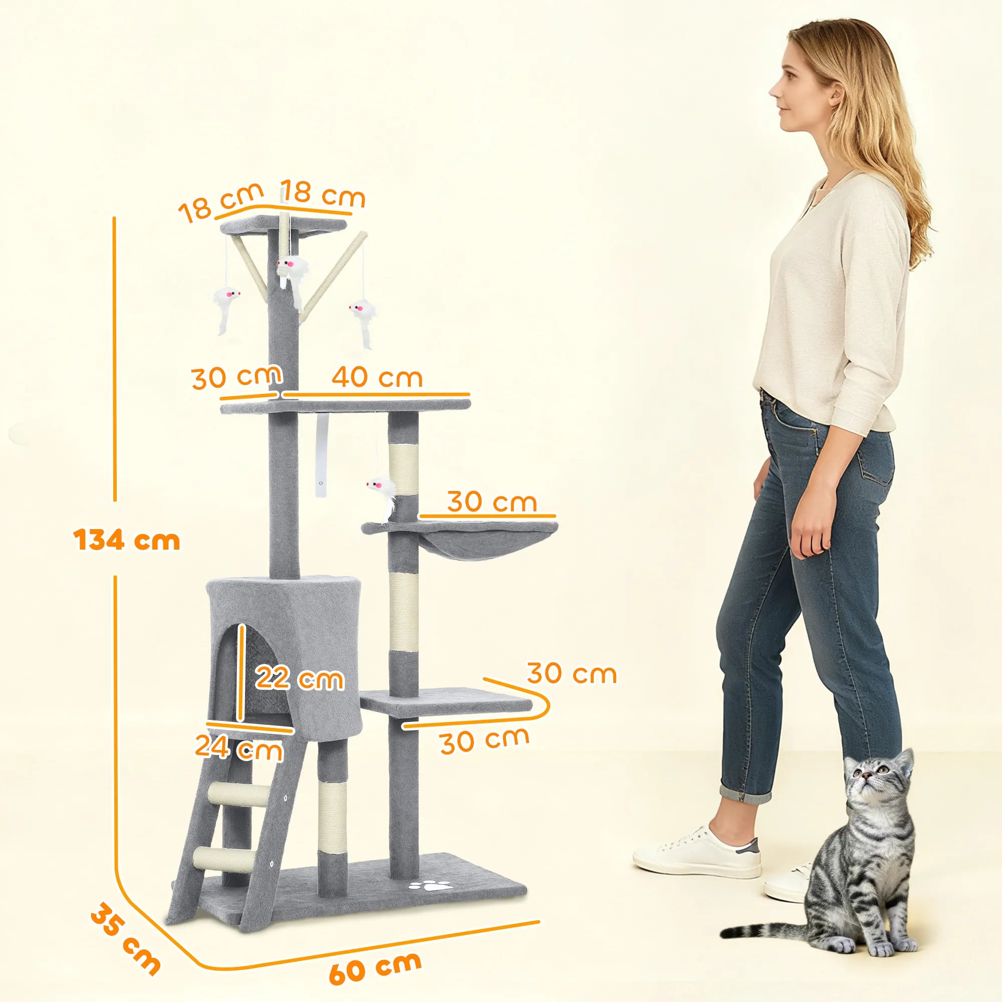 Kačių draskyklė su nameliu, 134 cm, pilka