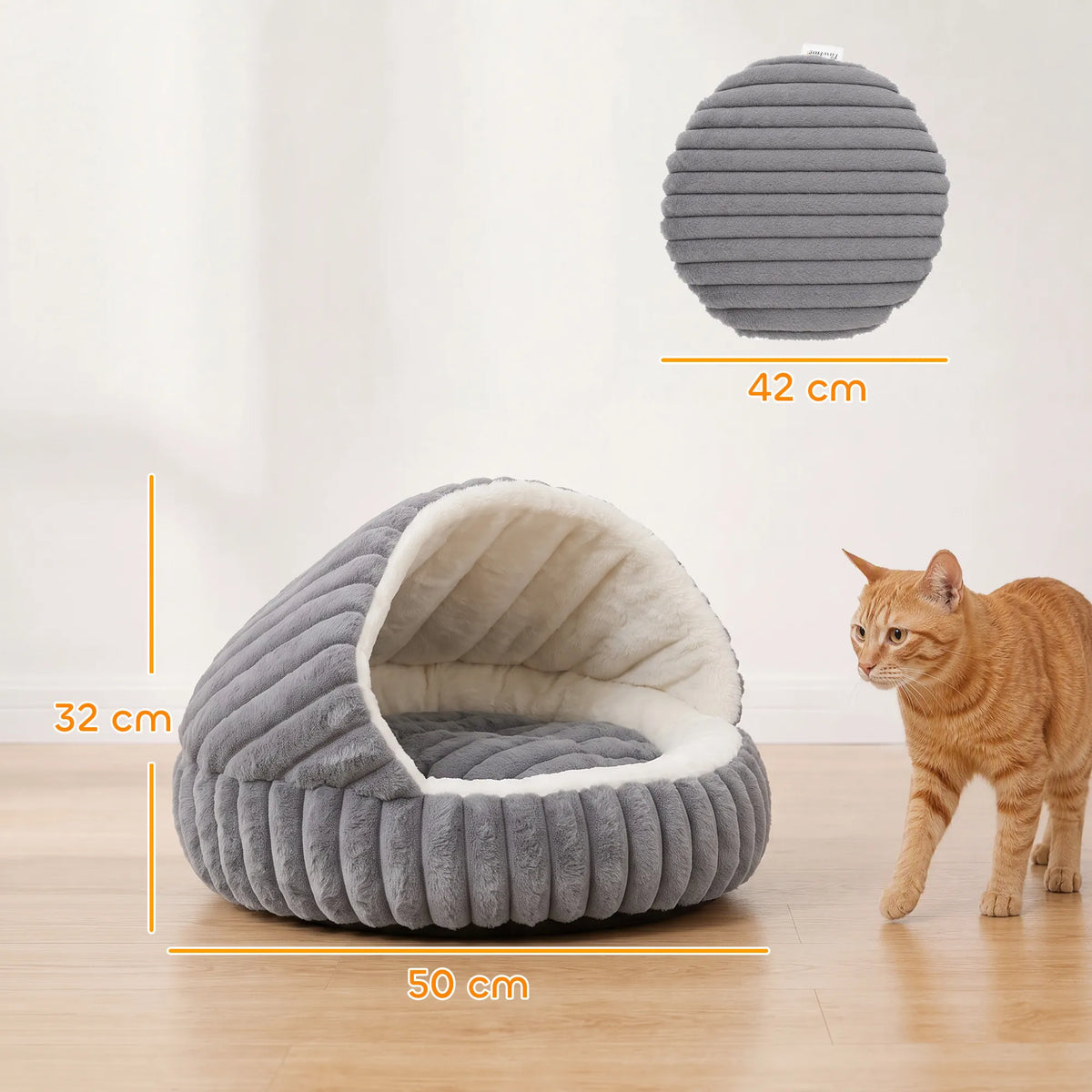 Kačių guolio matmenų schema: 50 cm pločio, 32 cm aukščio