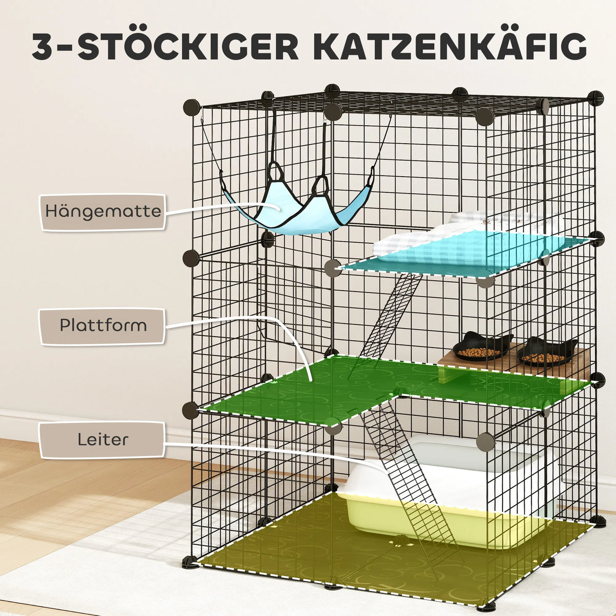 Kačių narvas 105 cm, 3 durų, iki 4 kg svorio katėms, juodas