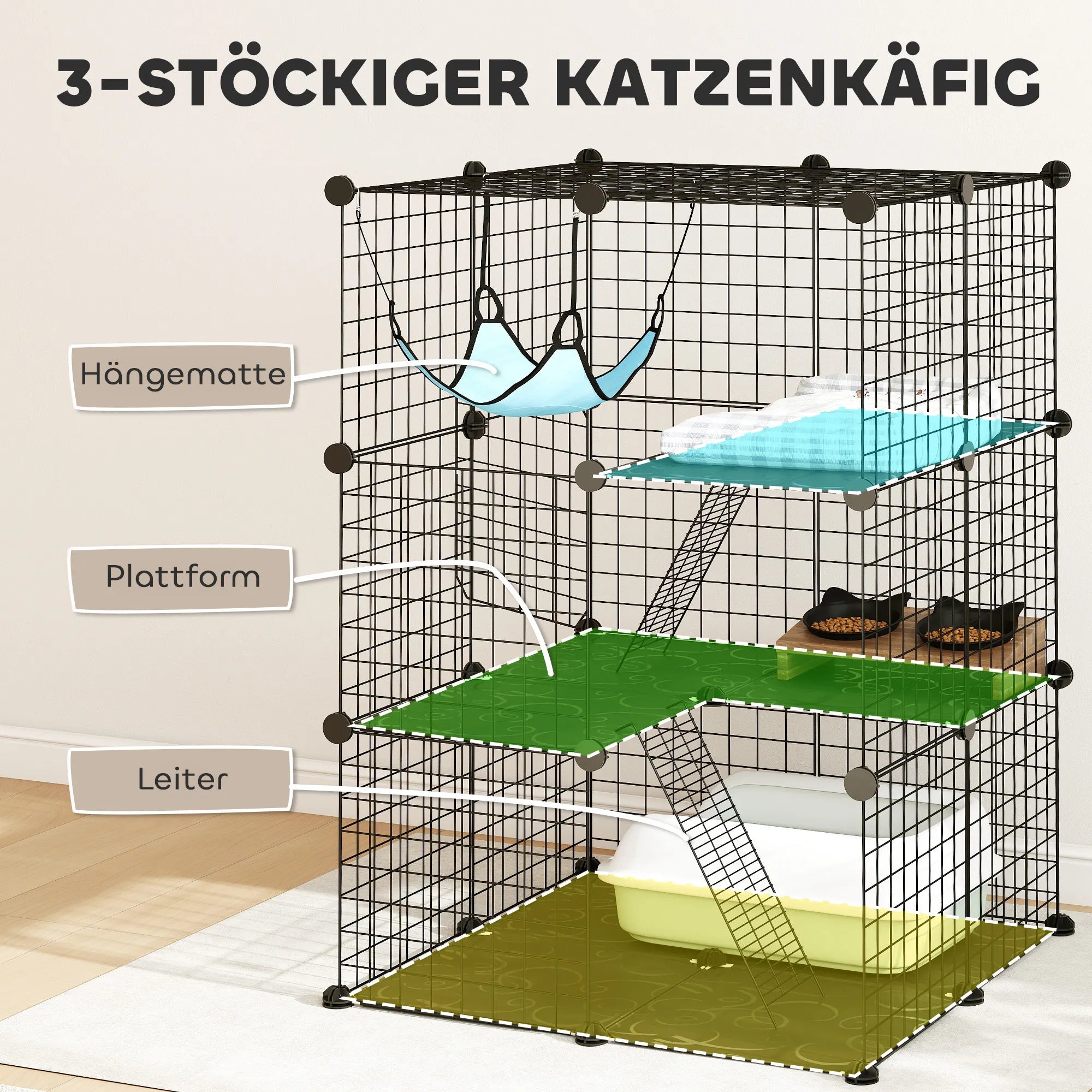 Kačių narvas 105 cm, 3 durų, iki 4 kg svorio katėms, juodas