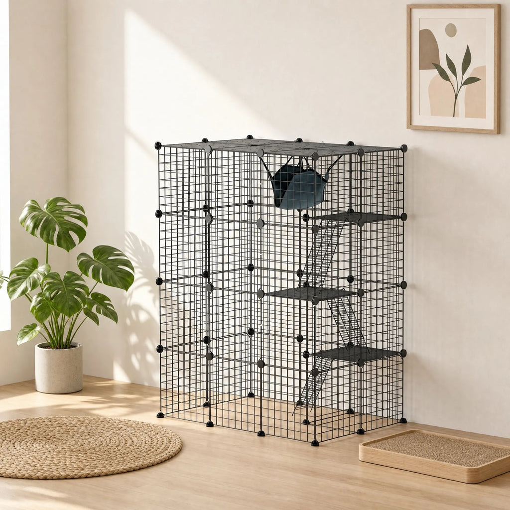 Kačių narvas, 4 aukštų, 140 cm, su 5 durelėmis, kopėtėlėmis, hamaku ir platforma, juodas