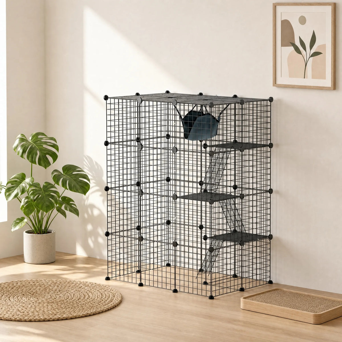 Kačių narvas, 4 aukštų, 140 cm, su 5 durelėmis, kopėtėlėmis, hamaku ir platforma, juodas