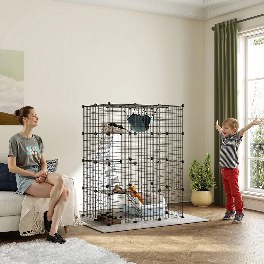 Kačių narvas, 4 aukštų, 140 cm, su 5 durelėmis, kopėtėlėmis, hamaku ir platforma, juodas