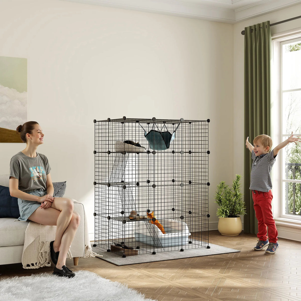Kačių narvas, 4 aukštų, 140 cm, su 5 durelėmis, kopėtėlėmis, hamaku ir platforma, juodas