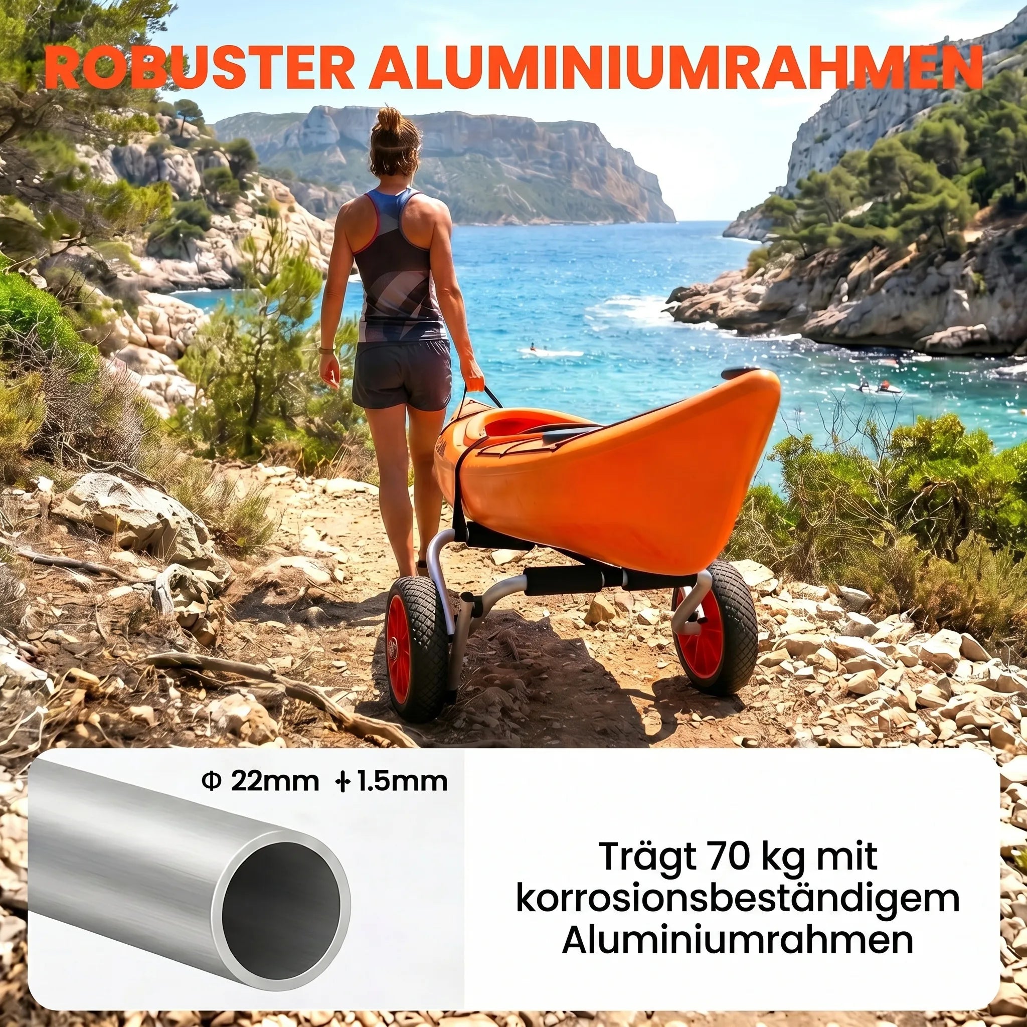 Kajako vežimėlis iki 70 kg, sulankstomas, aliuminis, su diržais