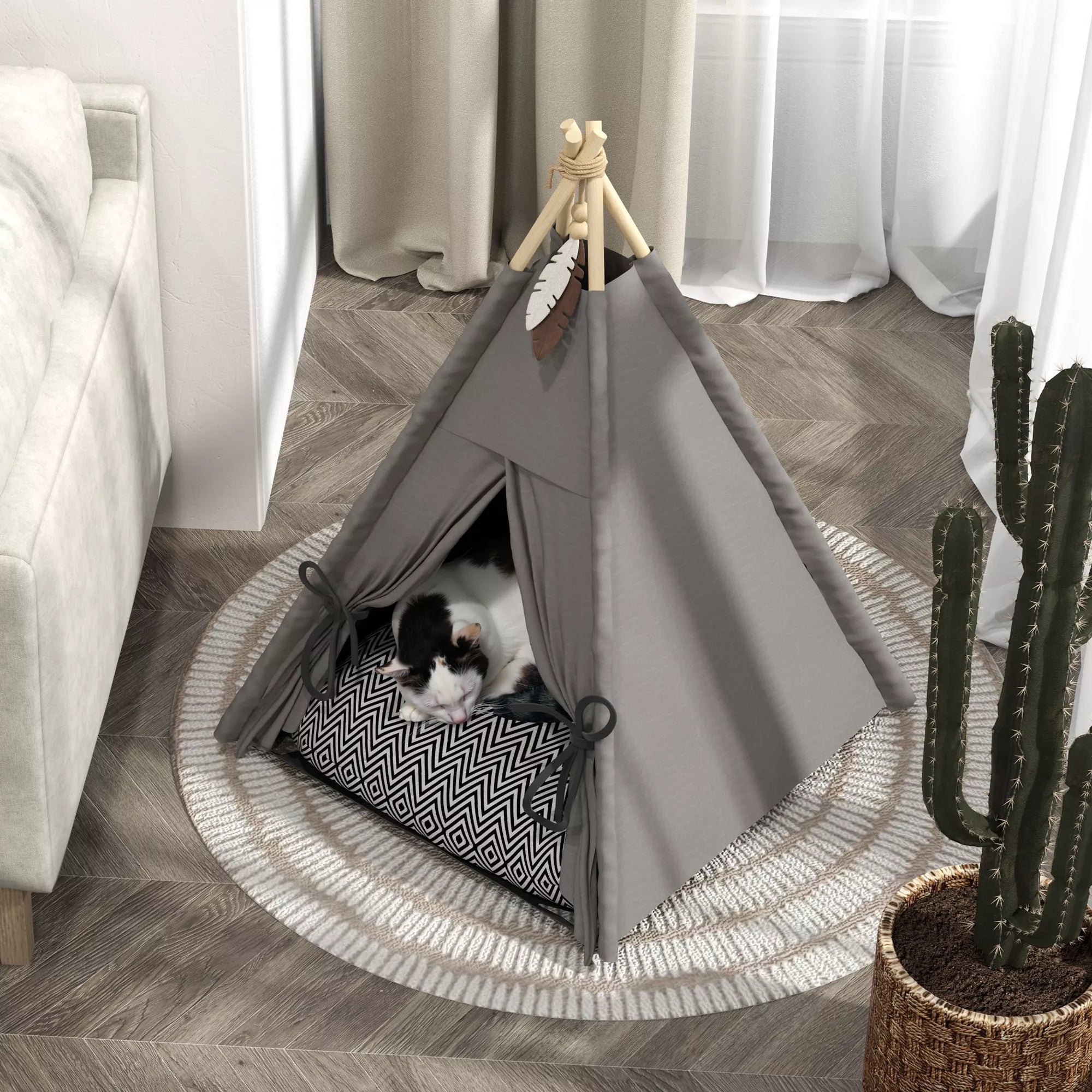 Tipi palapinė naminiams gyvūnams, gyvūnų lovelė tipi stiliaus, katės palapinė su pagalvėmis, šunų lovelė miegui, katės lovelė, pilka