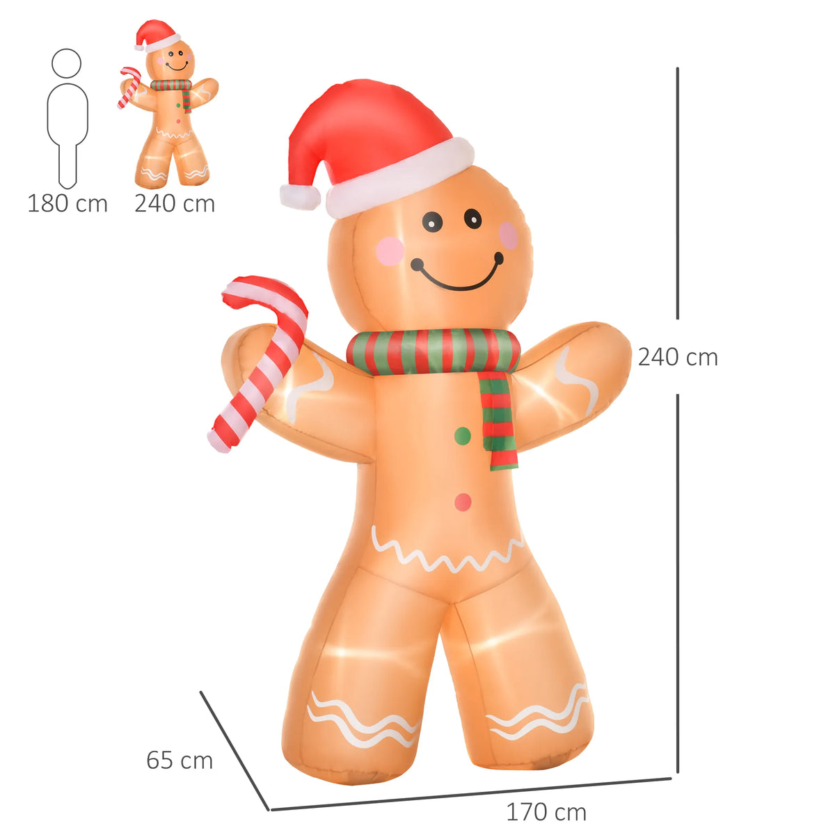 Kalėdinė dekoracija – pripučiamas imbierinis žmogeliukas, 2,4 m, su LED