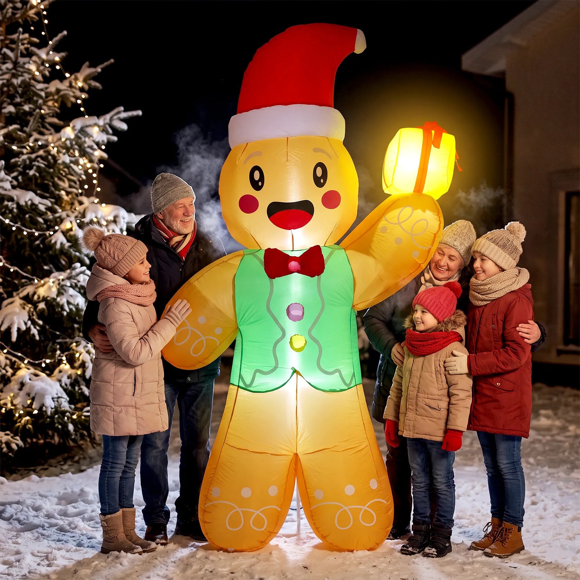 Kalėdinė dekoracija – pripučiamas meduolis, 250 cm, su dovanų dėžute ir LED, laukui