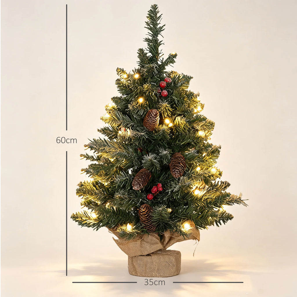 Kalėdinė eglutė su LED apšvietimu, 60 cm, su kankorėžiais, uogomis ir stovu