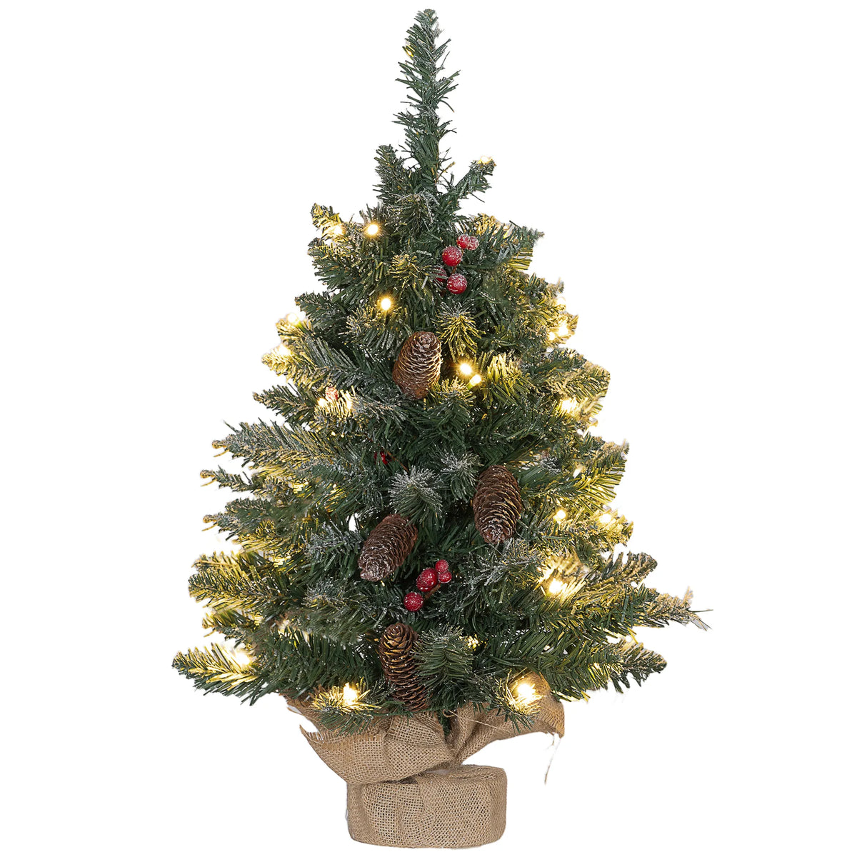 Kalėdinė eglutė su LED apšvietimu, 60 cm, su kankorėžiais, uogomis ir stovu