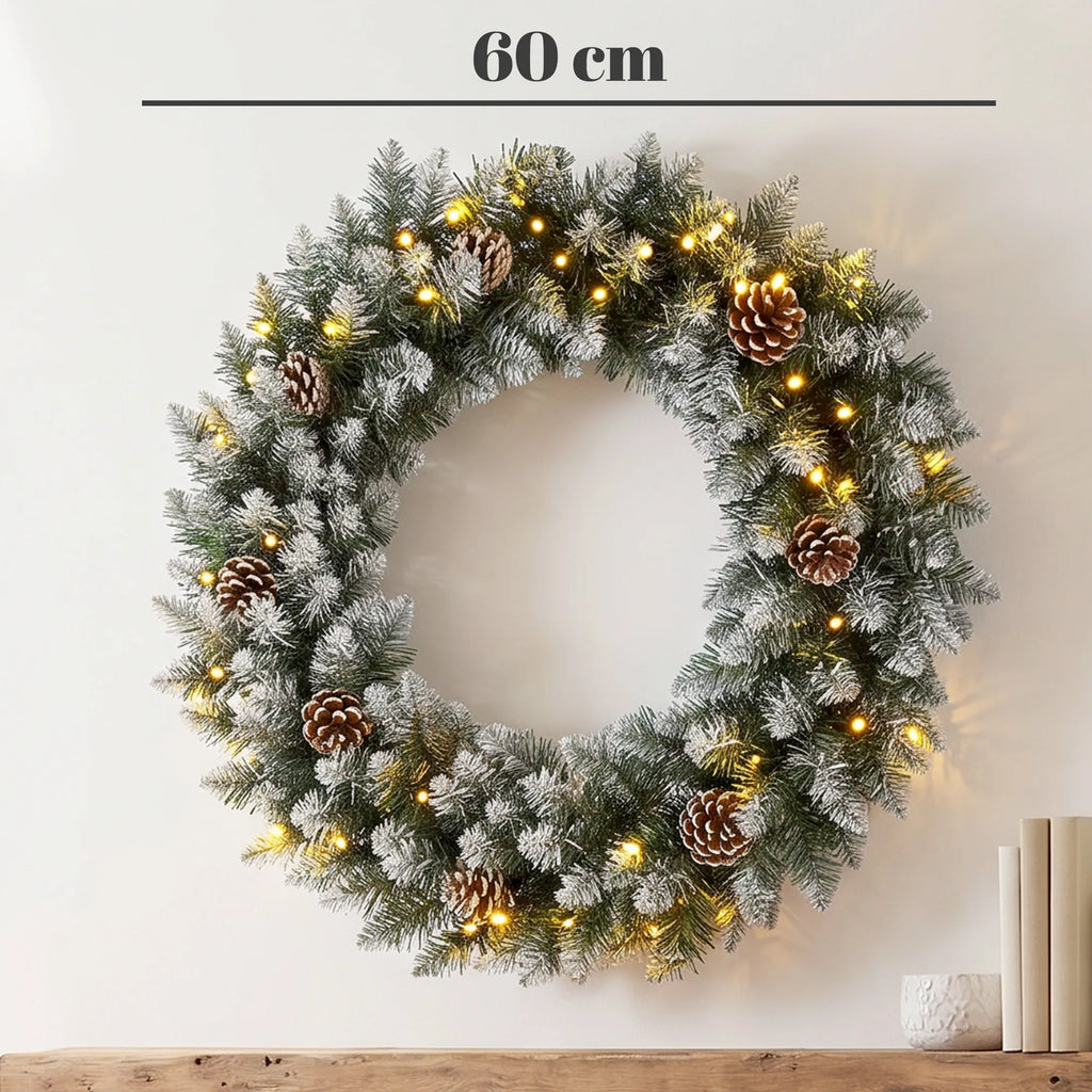 Kalėdinis durų vainikas, 60 cm, su 50 LED lempučių, kankorėžiais ir dirbtiniu sniegu