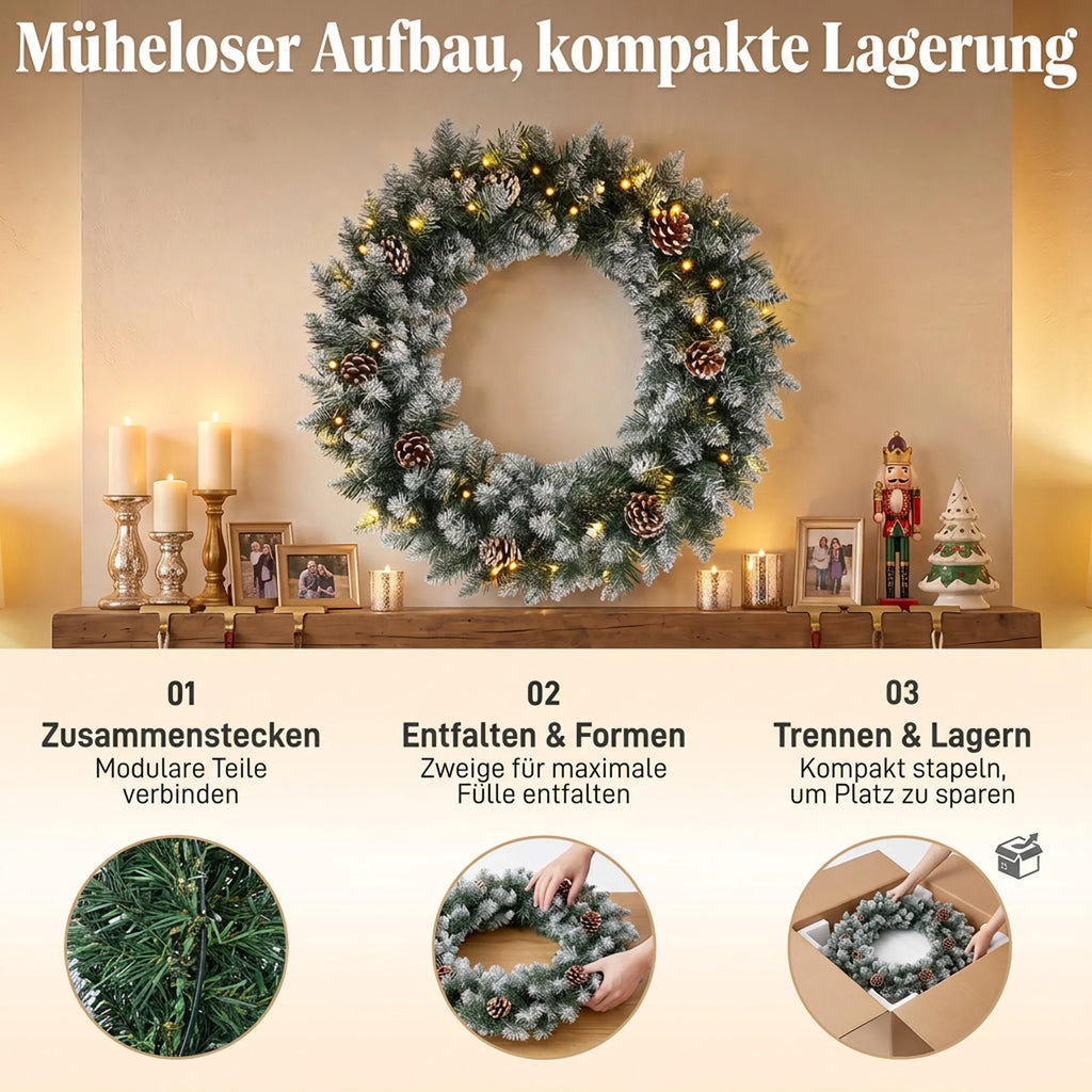 Kalėdinis durų vainikas, 60 cm, su 50 LED lempučių, kankorėžiais ir dirbtiniu sniegu
