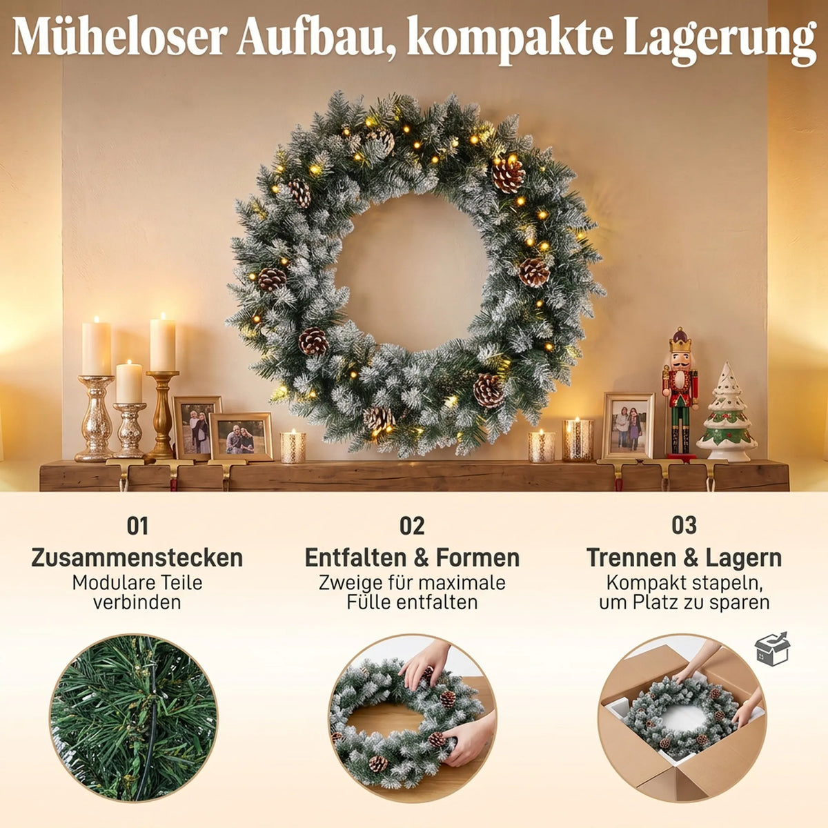 Kalėdinis durų vainikas, 60 cm, su 50 LED lempučių, kankorėžiais ir dirbtiniu sniegu