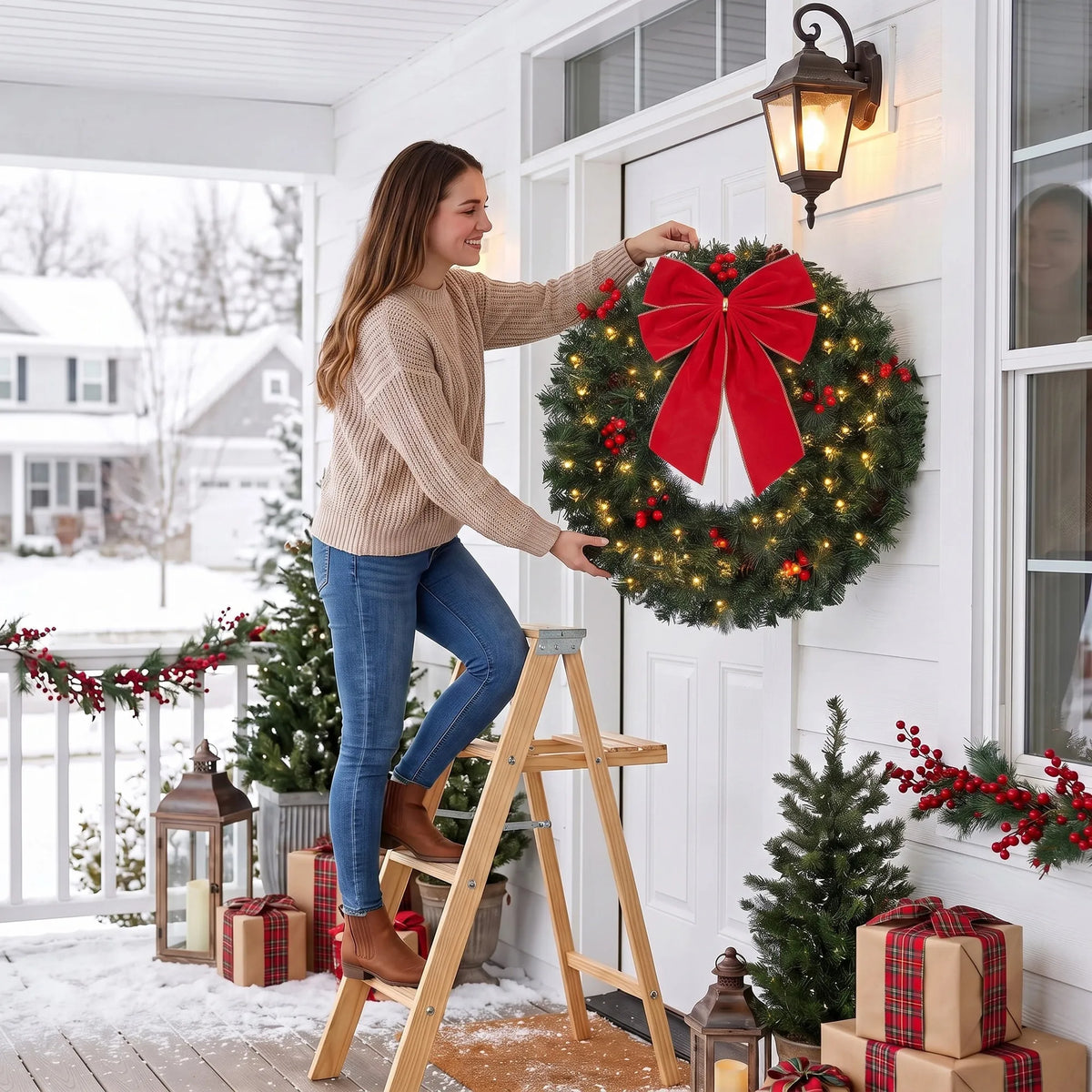 Kalėdinis durų vainikas, 61 cm, 50 LED, 140 šakelių viršūnėlių