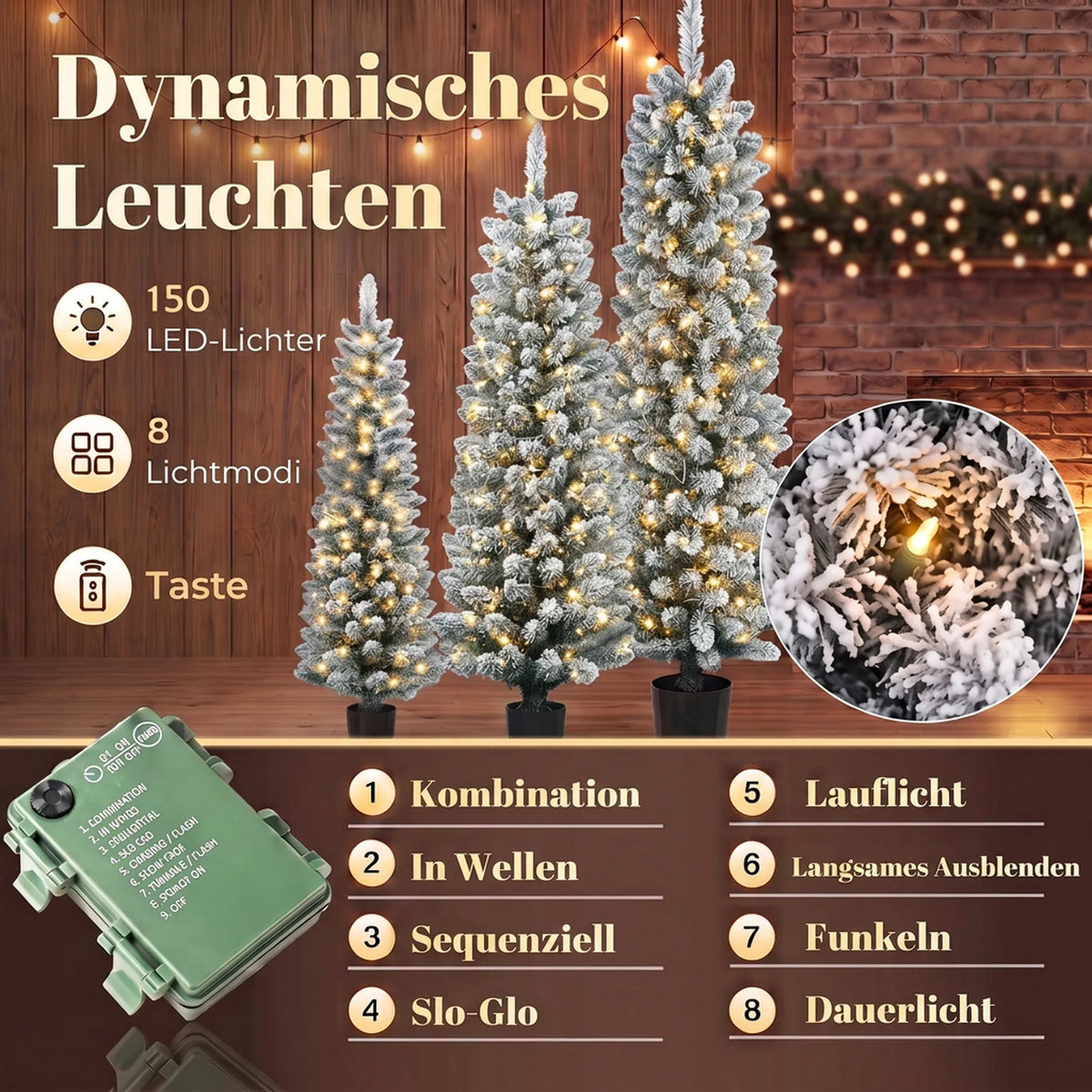 Kalėdinių eglučių komplektas su LED, 3 vnt., apsnigtas, 90, 120 ir 150 cm