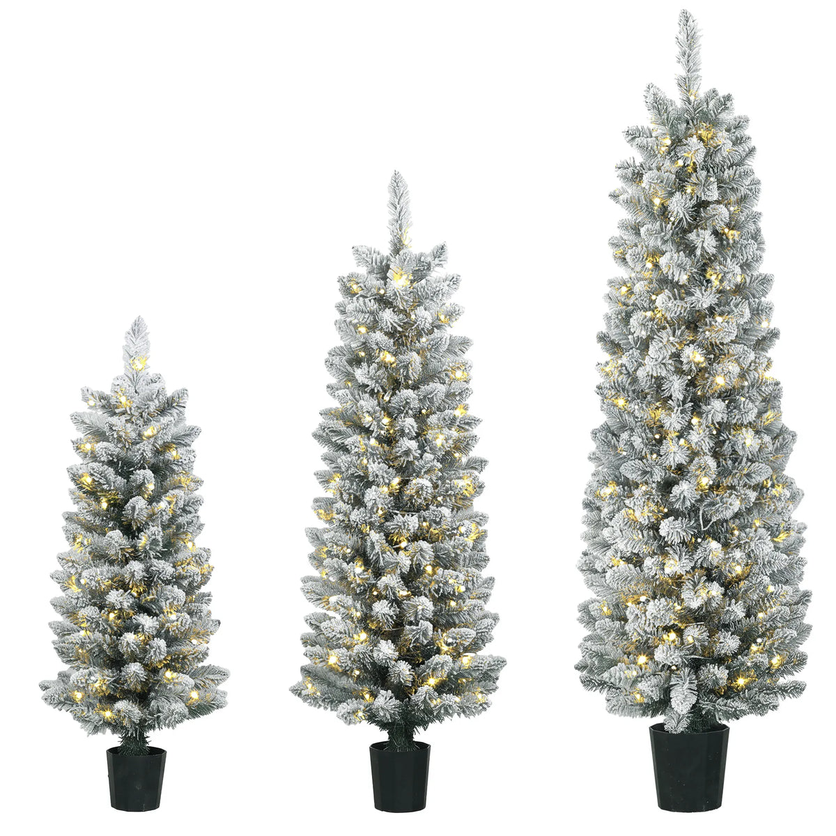 Kalėdinių eglučių komplektas su LED, 3 vnt., apsnigtas, 90, 120 ir 150 cm