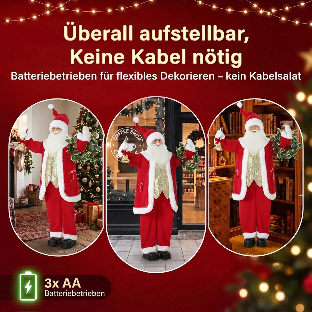 Koliažas su Kalėdų Seneliu skirtingose patalpose, veikiančiu baterijomis