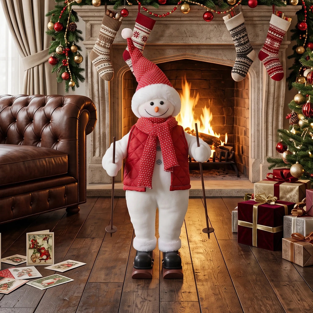 Prie dekoruoto židinio su girlianda ir kojinėmis stovi žaislinis sniego senis