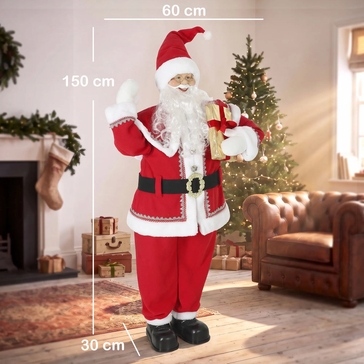 Kalėdų Senelis, animuota muzikinė dekoracija, 150 cm, su dovana